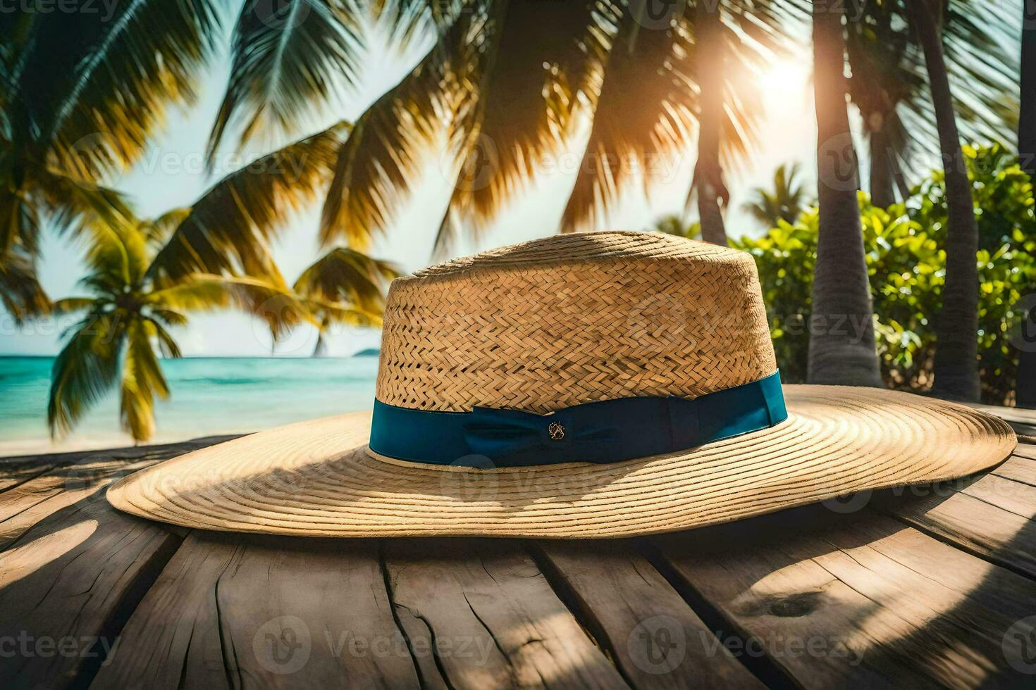 a straw hat sits on a wooden table in front of palm trees. AI-Generated photo