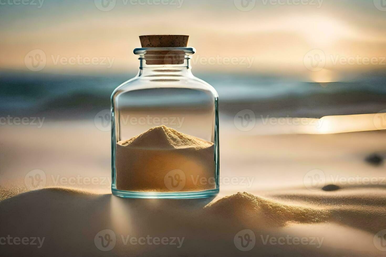 a bottle of sand on the beach. AI-Generated photo