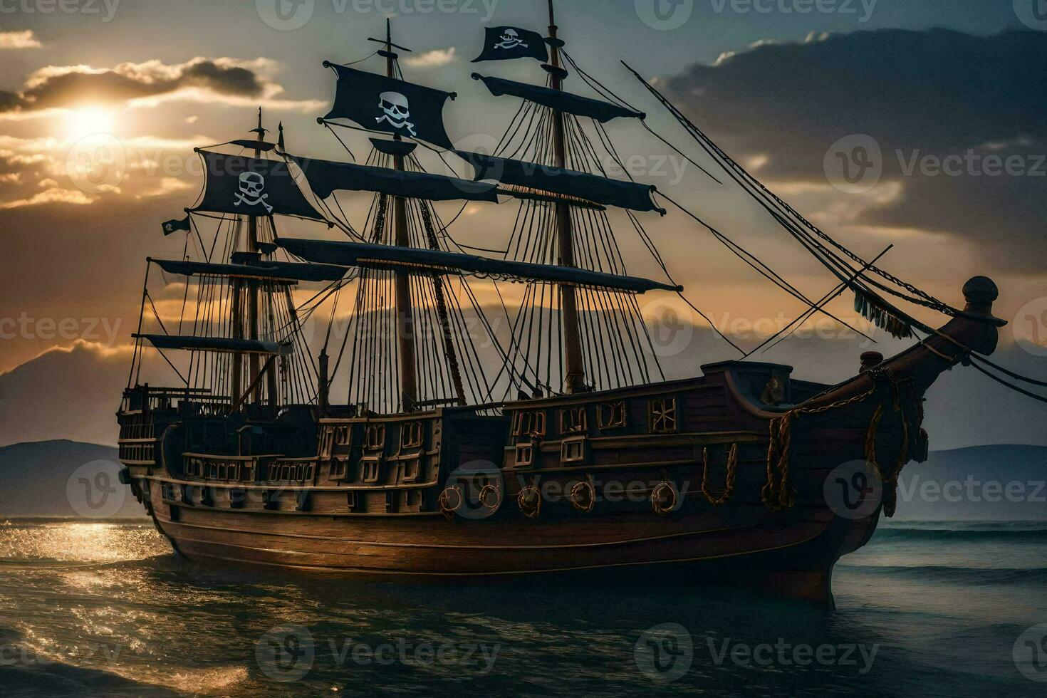 a pirate ship in the ocean at sunset. AI-Generated photo