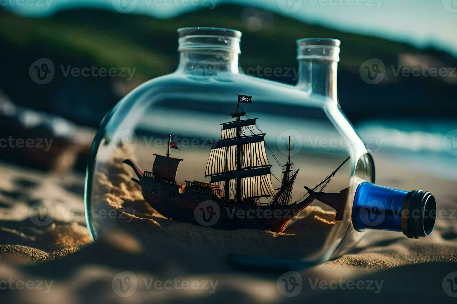 a ship in a bottle on the beach. AI-Generated photo