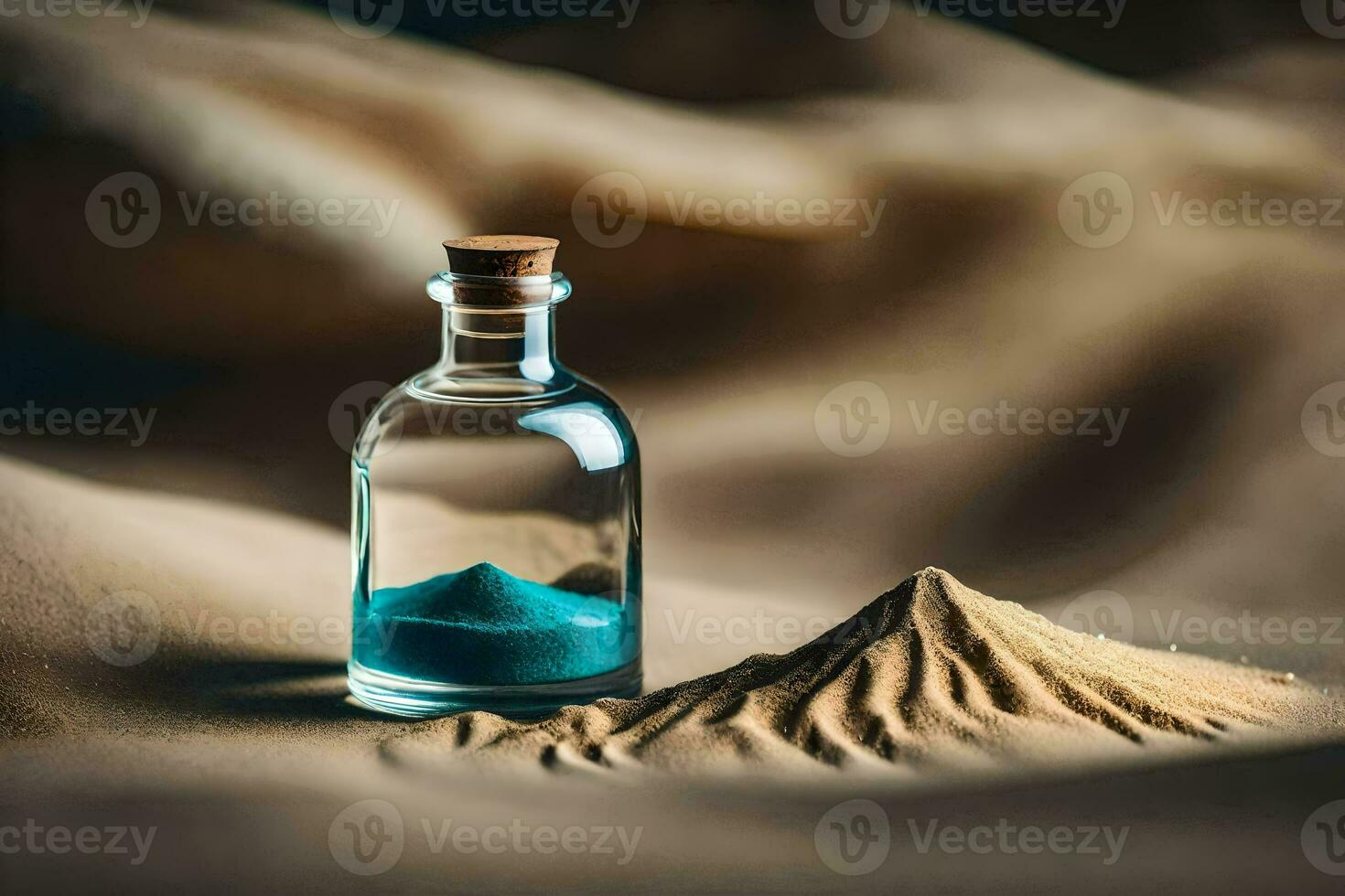 a bottle of sand and a blue liquid. AI-Generated photo