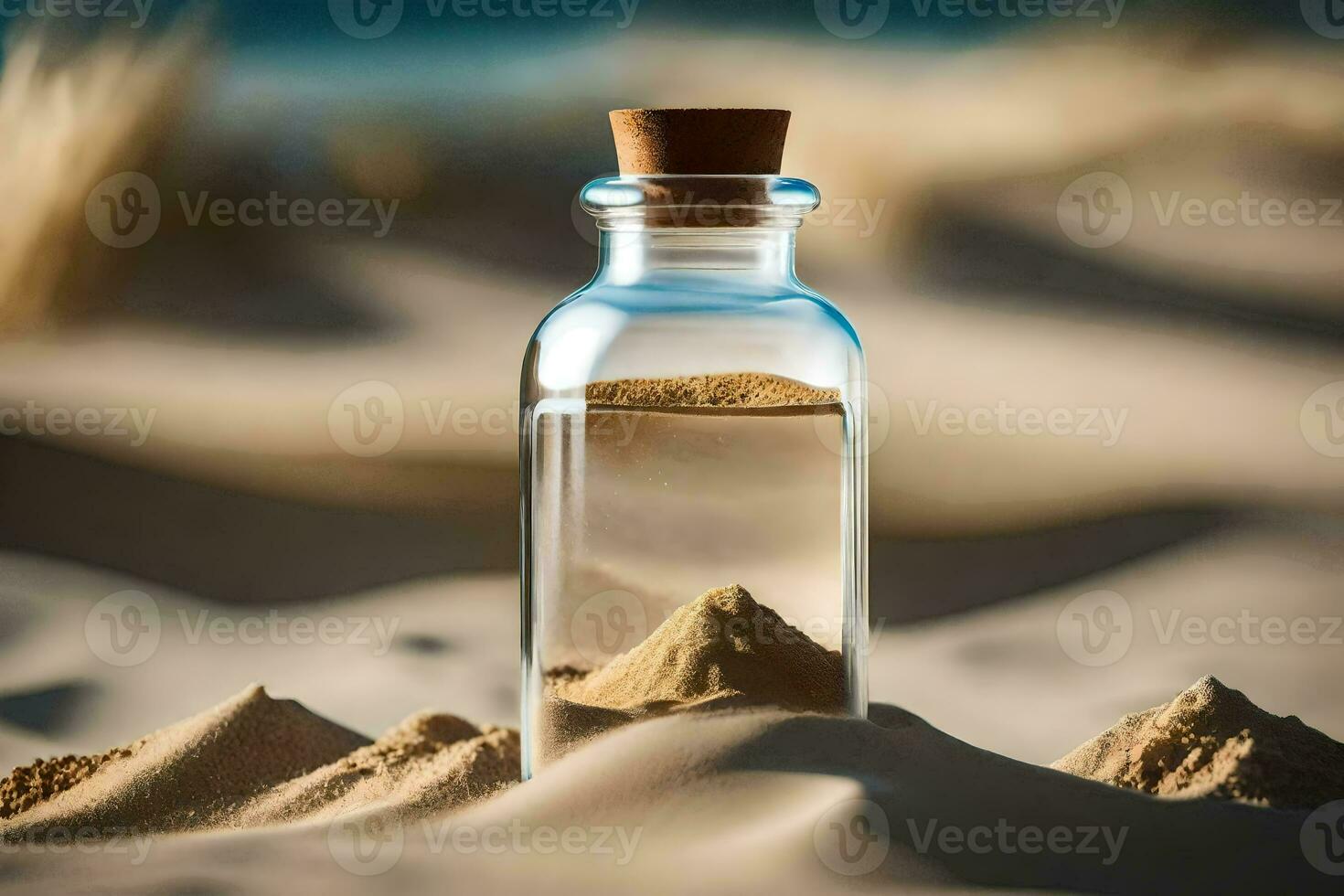 a bottle of sand in the desert. AI-Generated photo