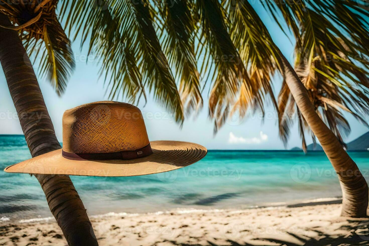 a hat on the beach near palm trees. AI-Generated photo