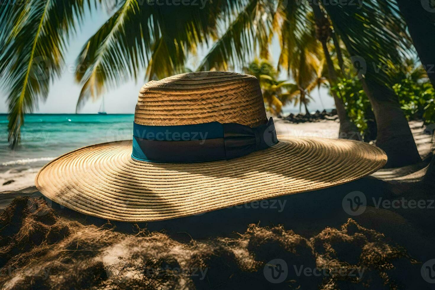 a hat on the beach with palm trees. AI-Generated photo
