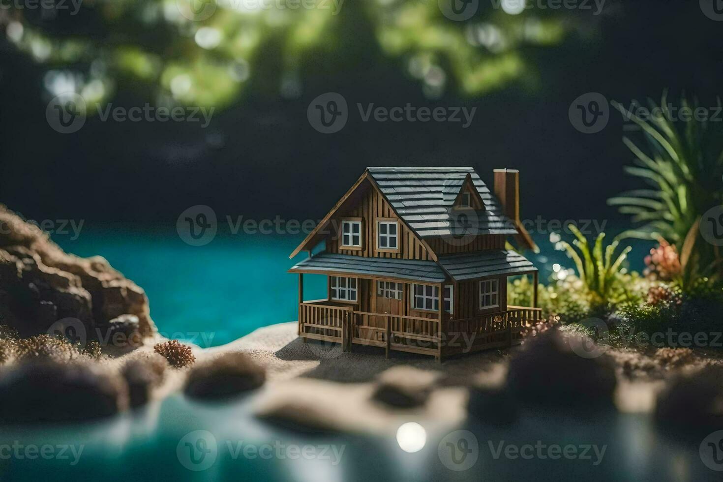 a miniature house on the shore of a lake. AI-Generated photo