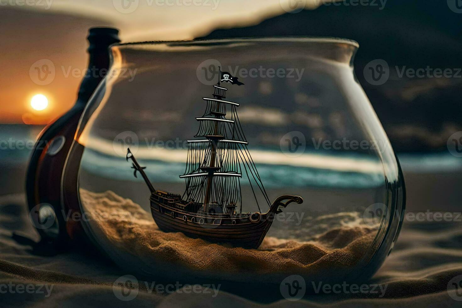 a bottle with a ship inside of it on the beach. AI-Generated photo