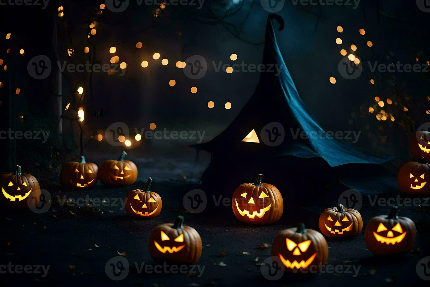 halloween pumpkins in the dark with a witch hat. AI-Generated photo