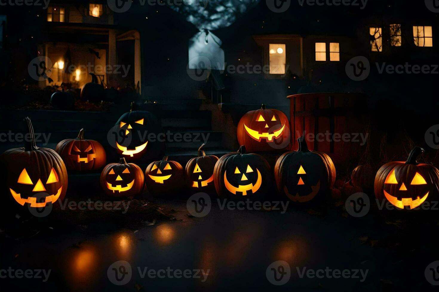 halloween pumpkins in front of a house at night. AI-Generated photo