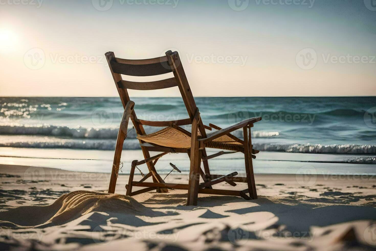 a wooden chair sits on the beach at sunset. AI-Generated photo