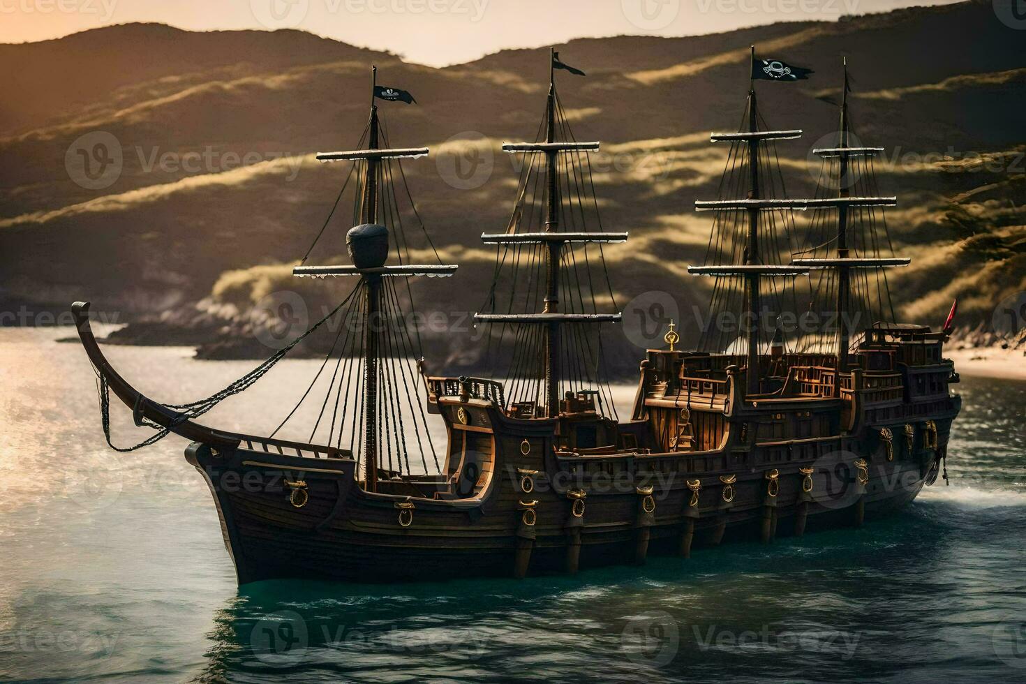 a pirate ship is sailing in the ocean. AI-Generated photo