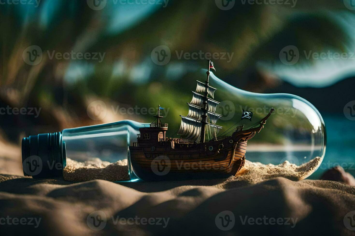 a ship inside a light bulb on the beach. AI-Generated photo