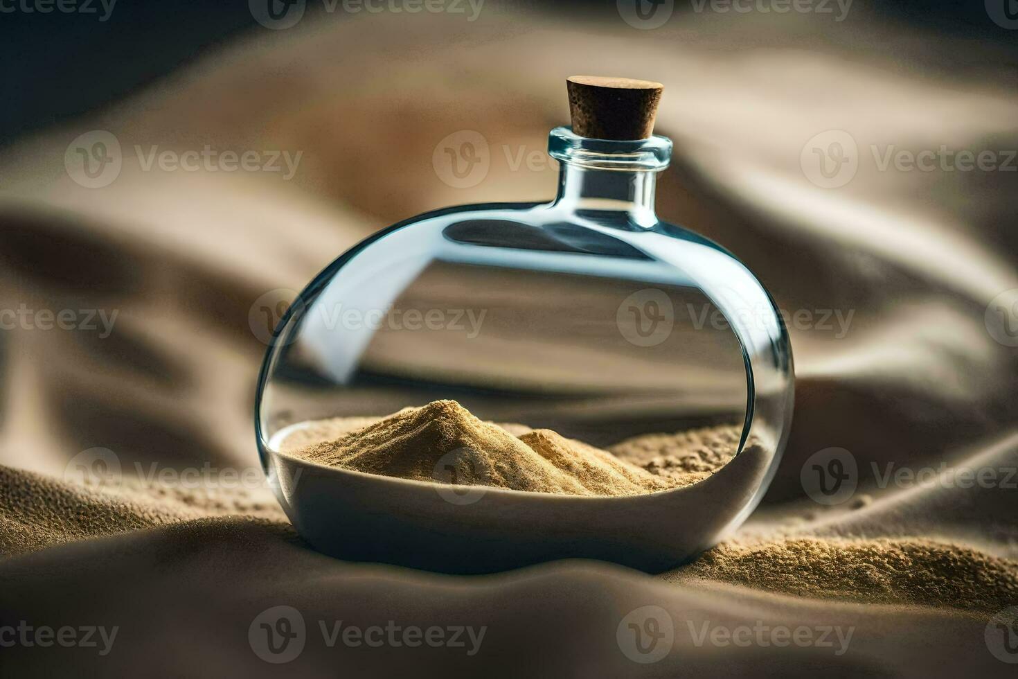 a bottle of sand on a bed. AI-Generated photo