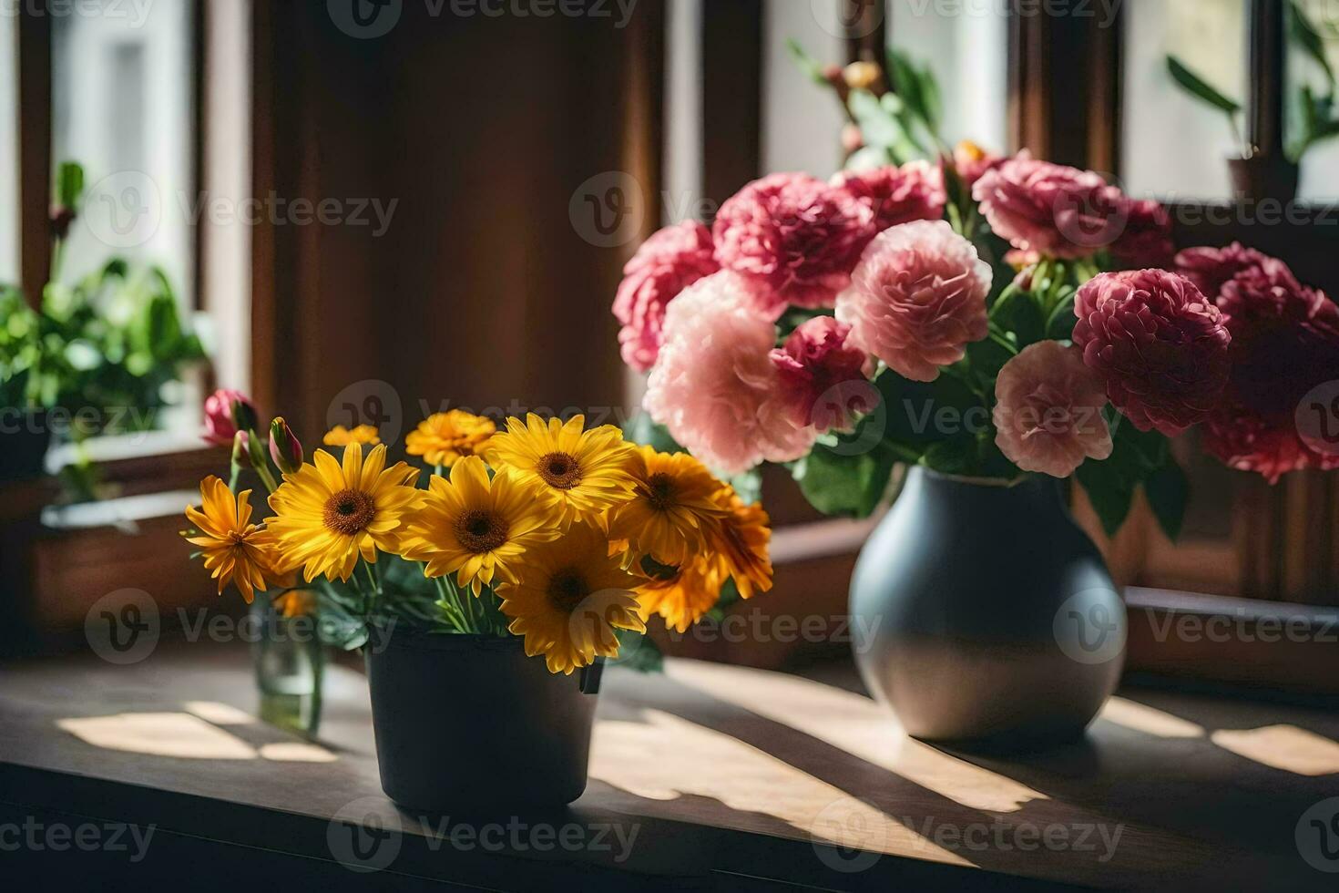 two vases of flowers sit on a windowsill. AI-Generated photo