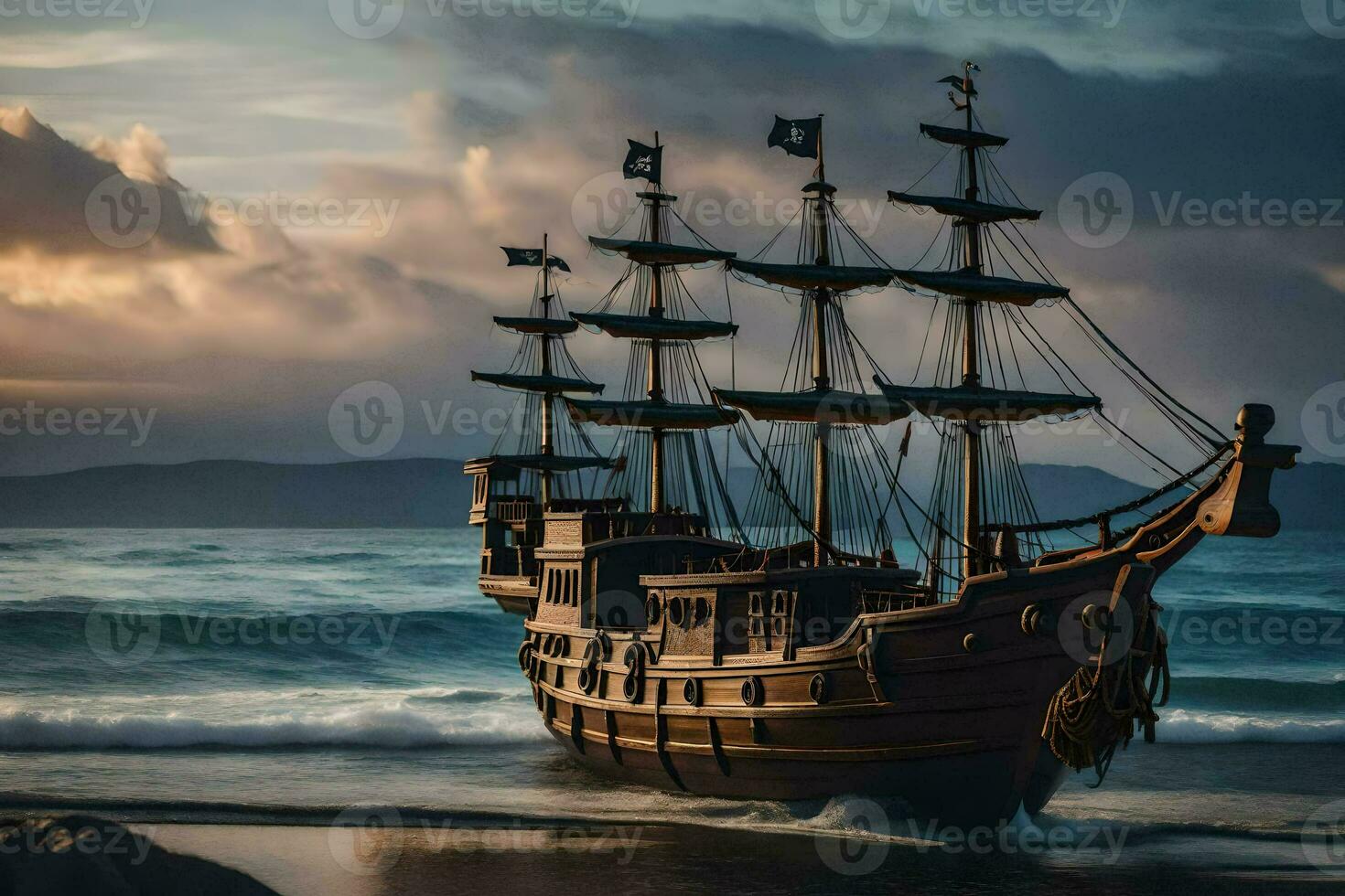 a pirate ship is on the beach at sunset. AI-Generated photo