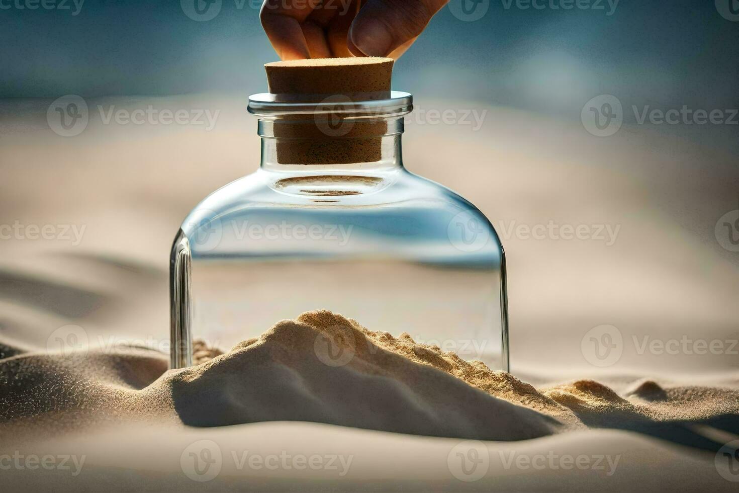 a hand is holding a bottle of sand on the beach. AI-Generated photo