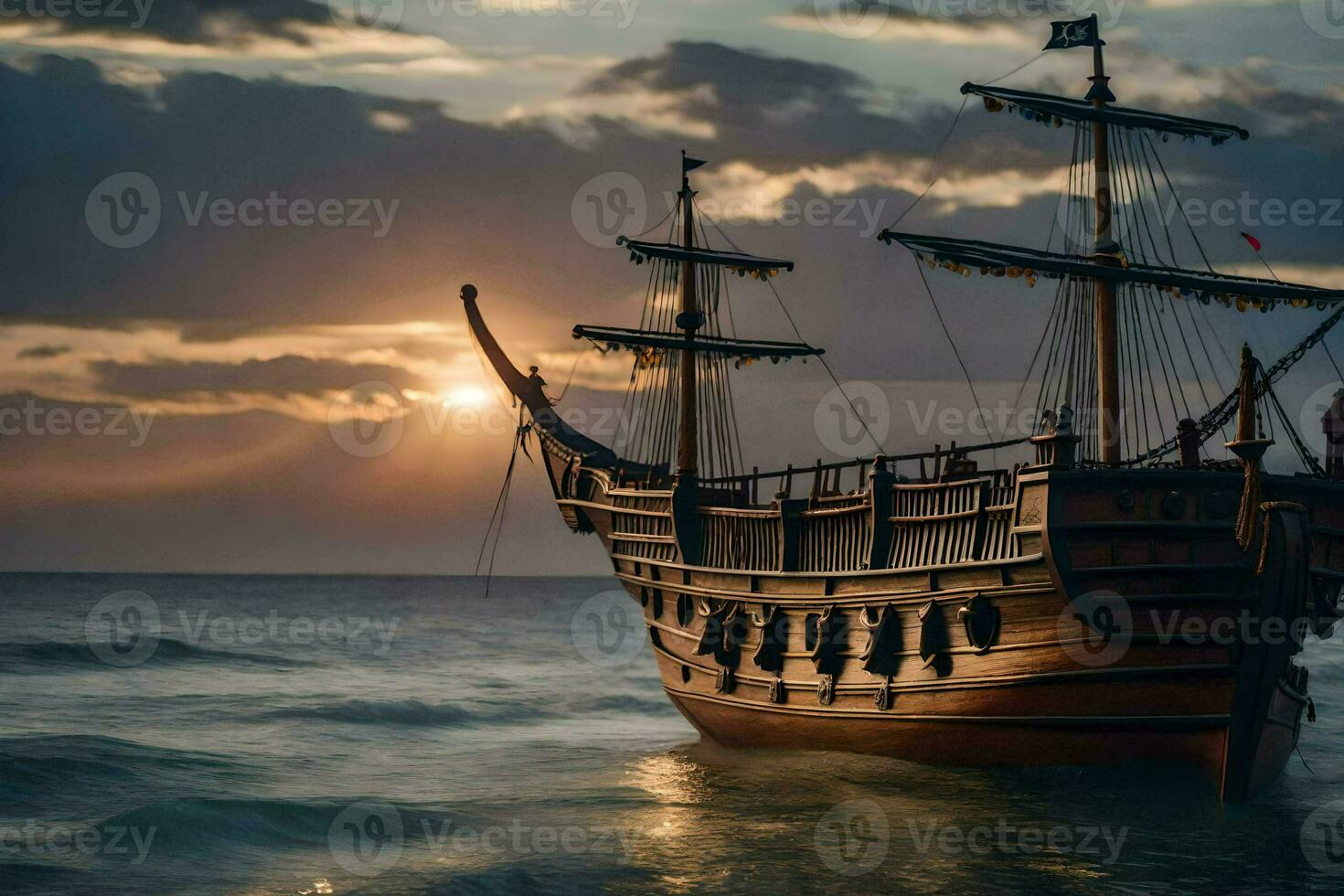 a pirate ship in the ocean at sunset. AI-Generated photo