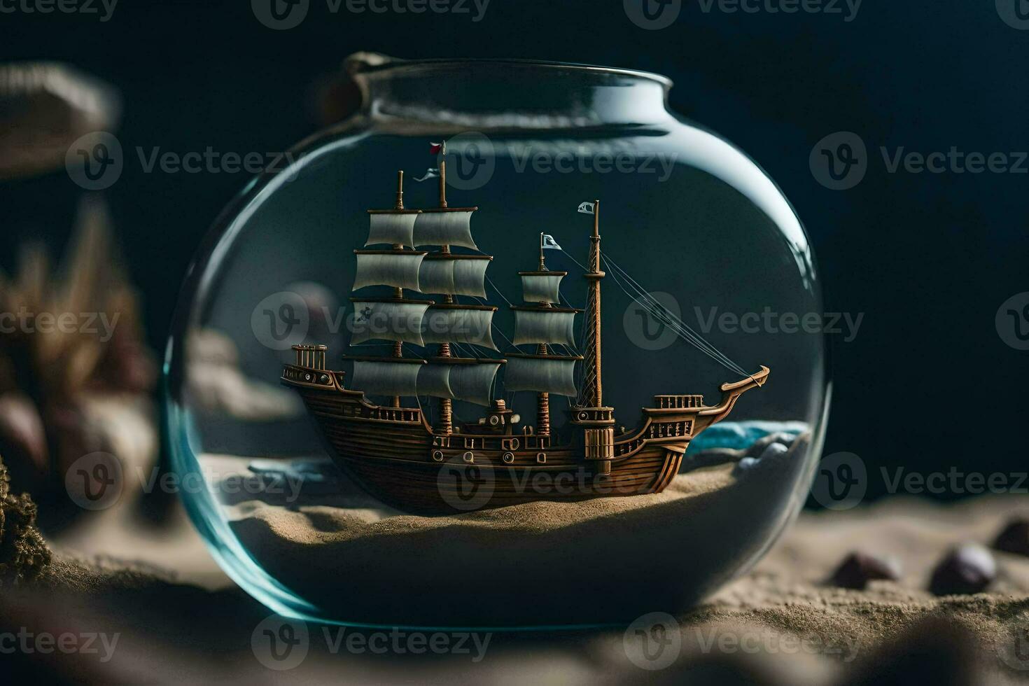 a miniature ship in a glass bottle on a beach. AI-Generated photo
