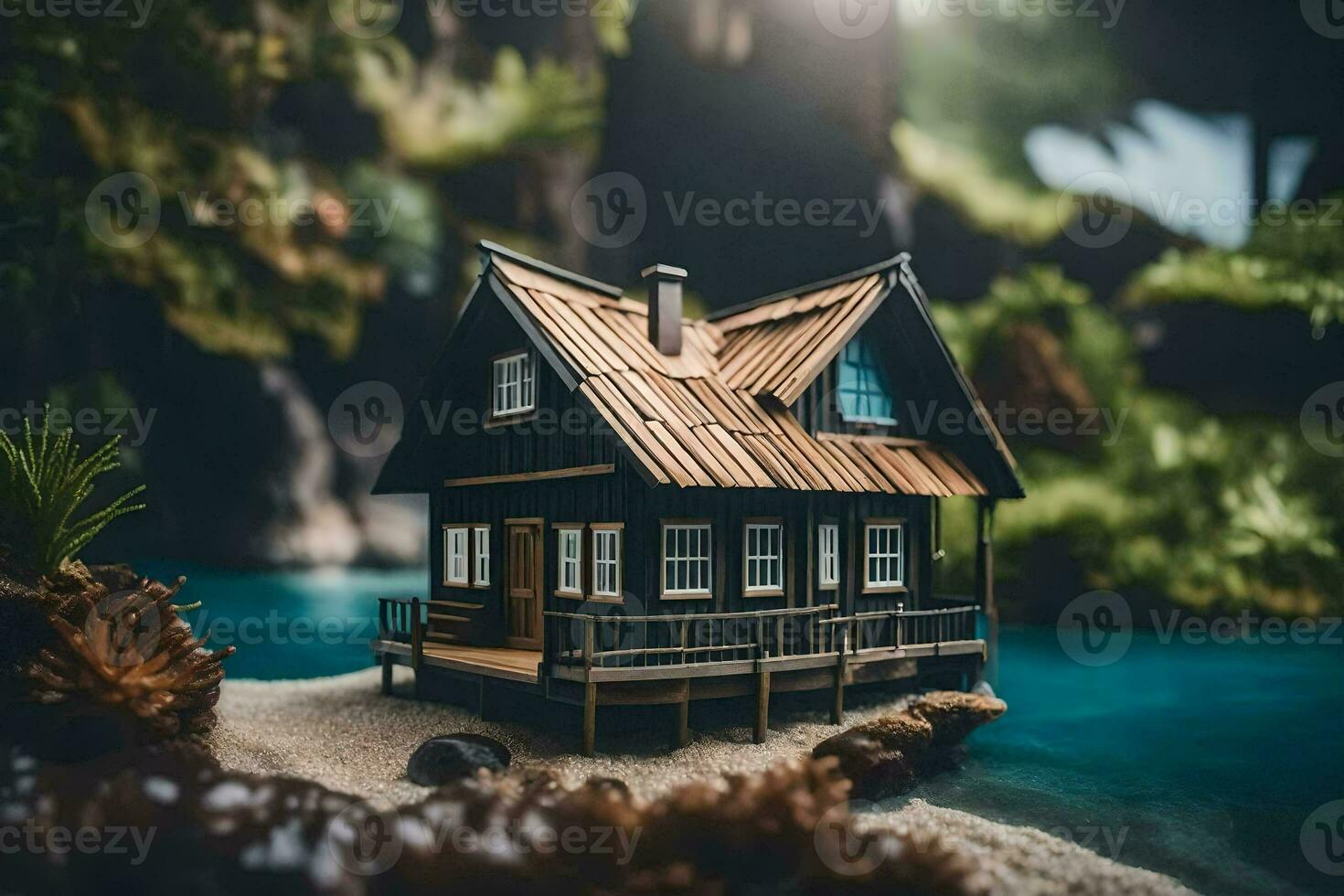 a miniature house on the beach in front of a forest. AI-Generated photo