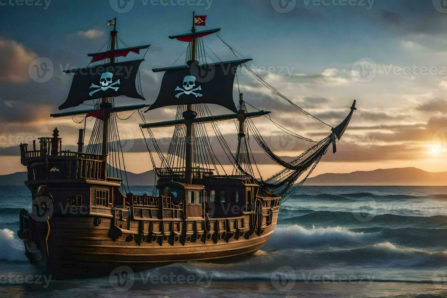 a pirate ship in the ocean at sunset. AI-Generated photo