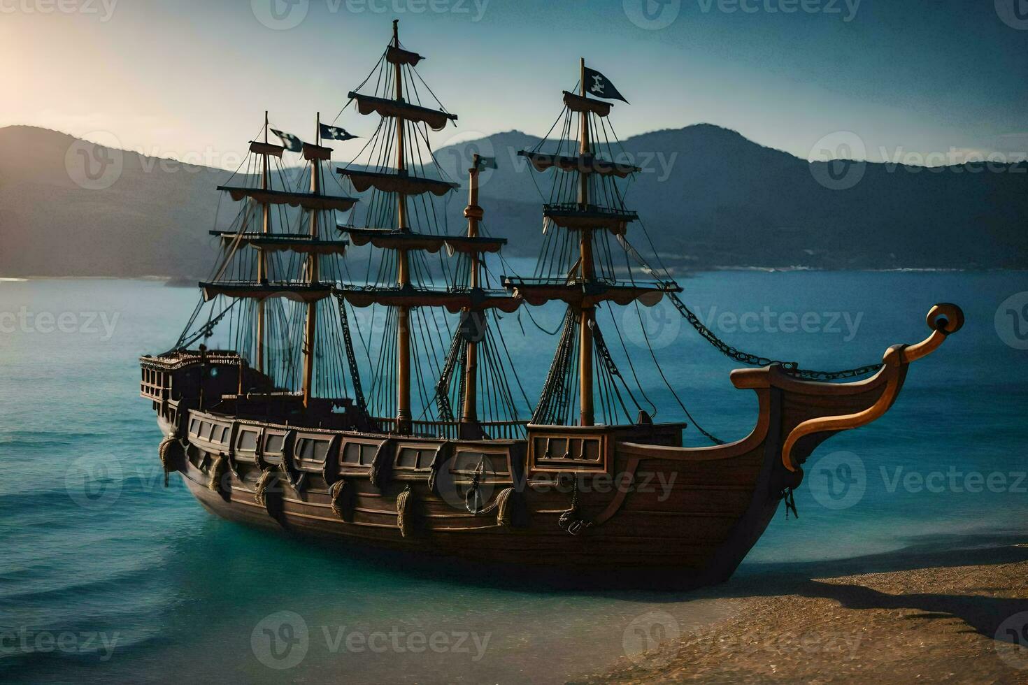 a pirate ship is sitting on the beach. AI-Generated photo