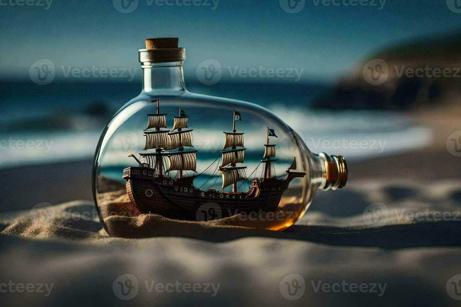 a ship in a bottle on the beach. AI-Generated photo
