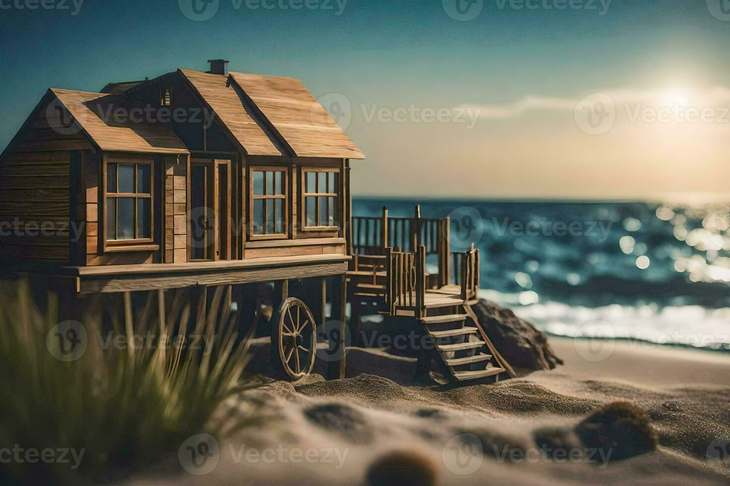 photo wallpaper the sky, sand, sea, beach, house, sunset, the sea, the. AI-Generated