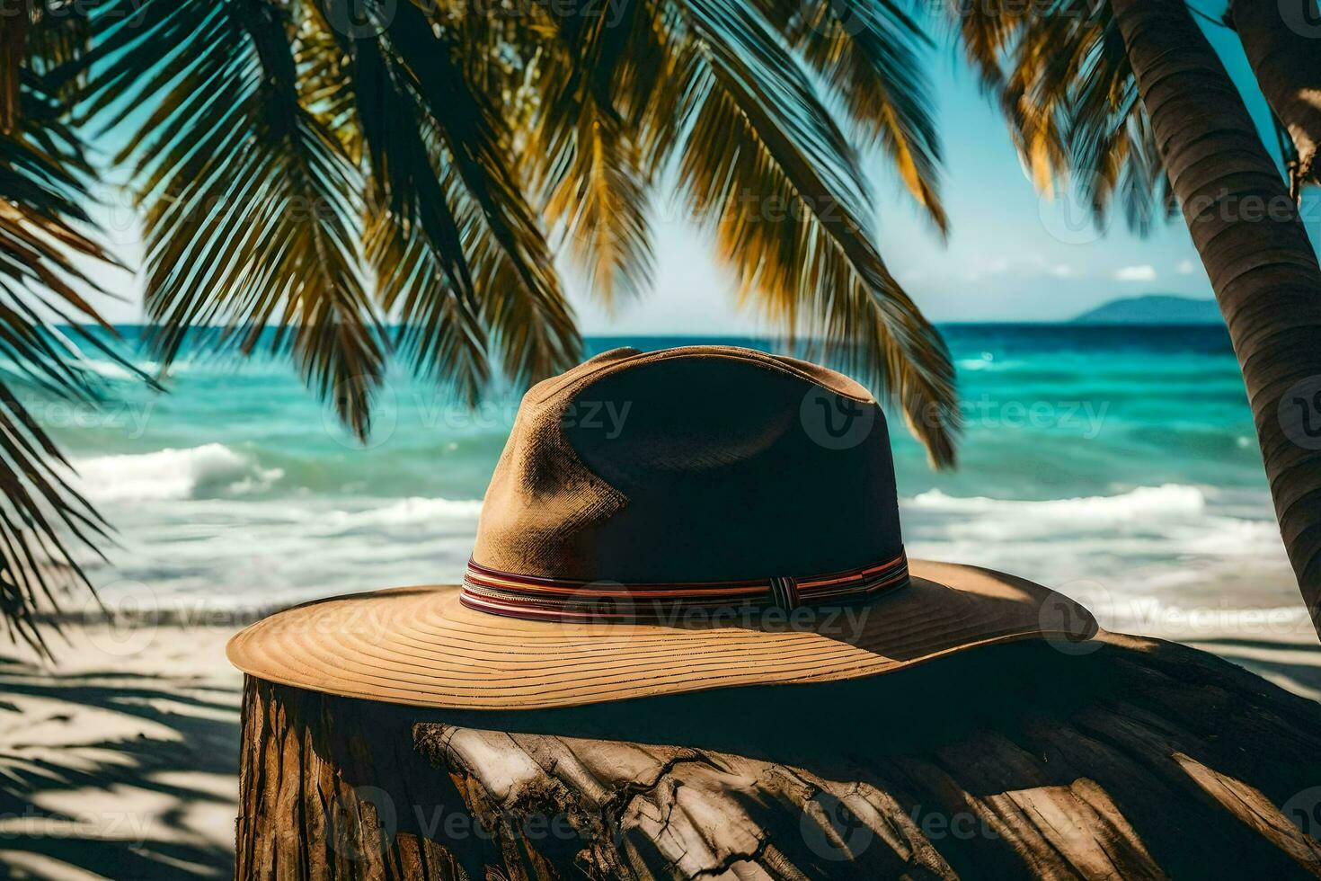 a hat on a palm tree. AI-Generated photo