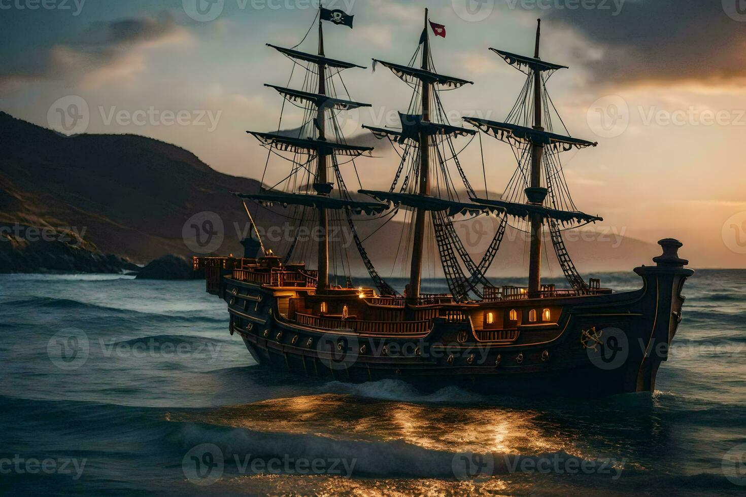 un pirata Embarcacion en el Oceano a puesta de sol. generado por ai foto