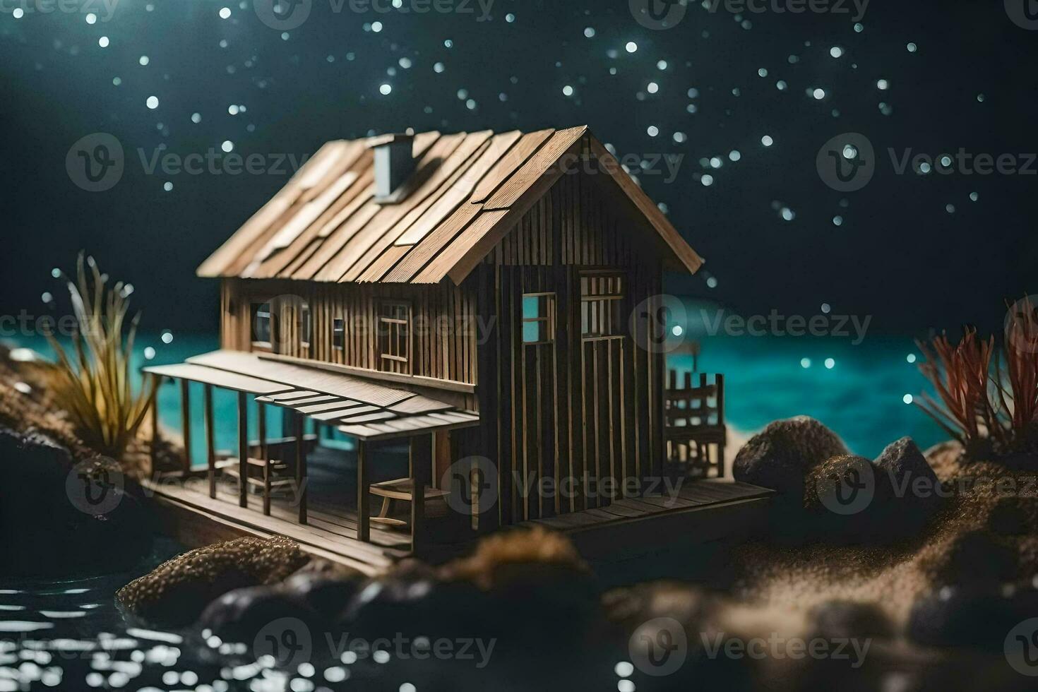 a small wooden house in the middle of the night. AI-Generated photo