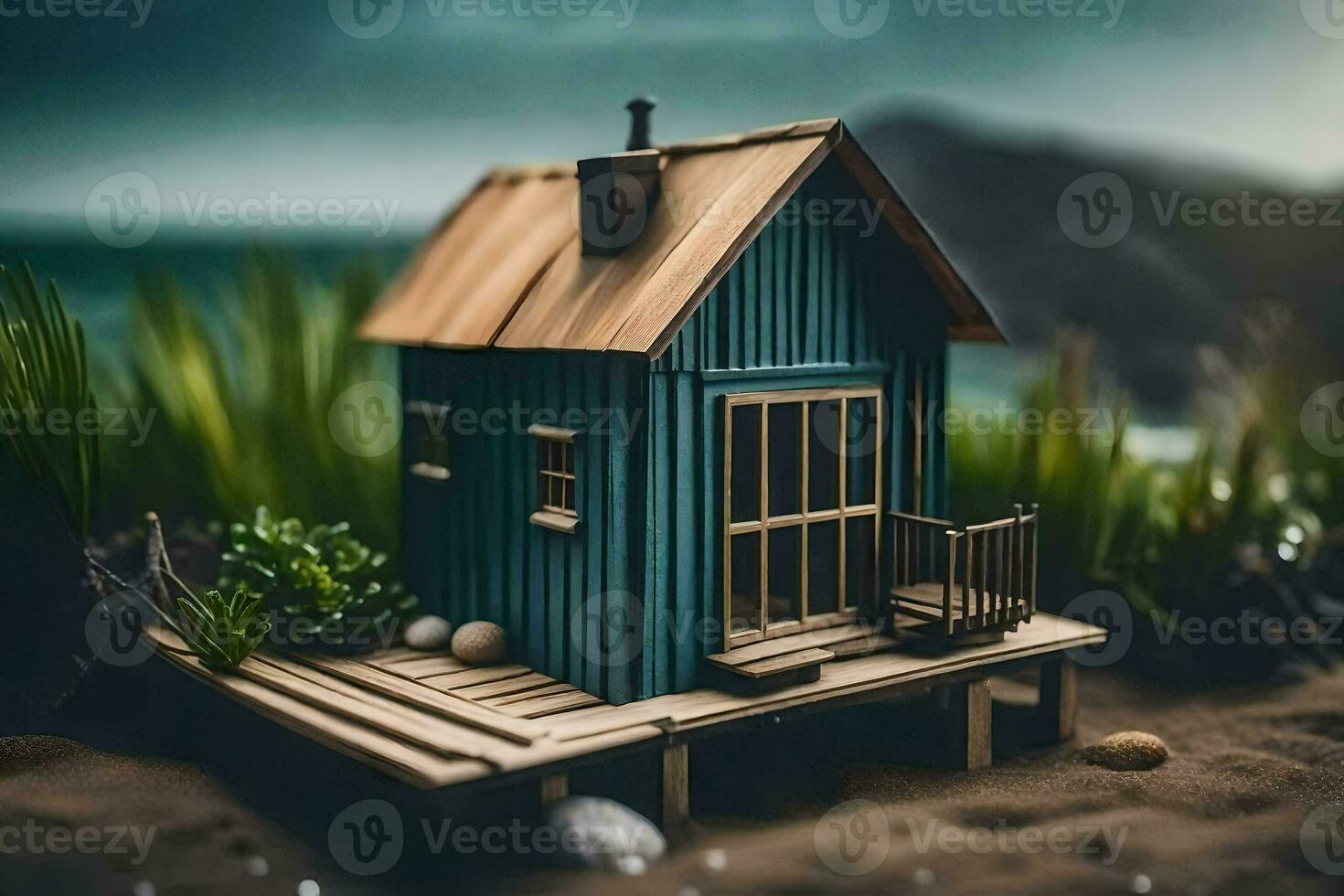 a miniature house on a beach with grass and rocks. AI-Generated photo