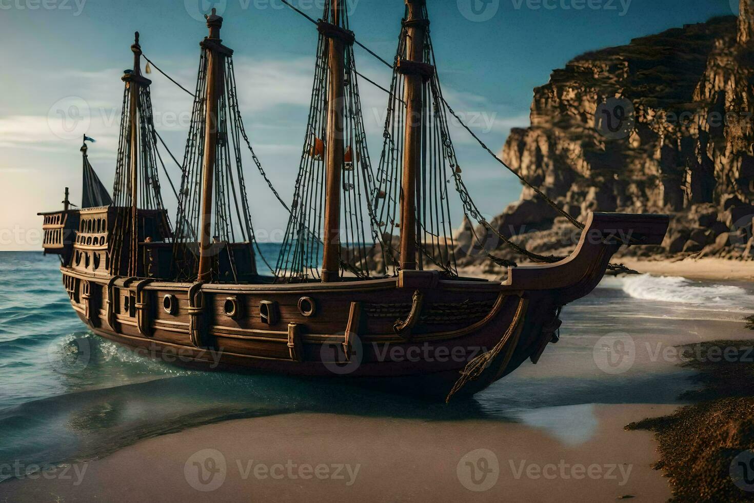 a pirate ship is on the beach near the ocean. AI-Generated photo