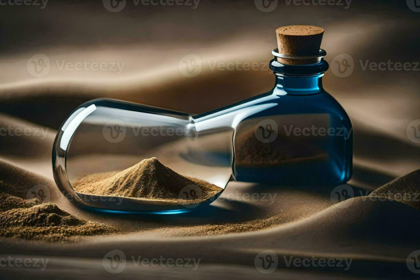 a bottle of sand and a glass bottle with sand inside. AI-Generated photo