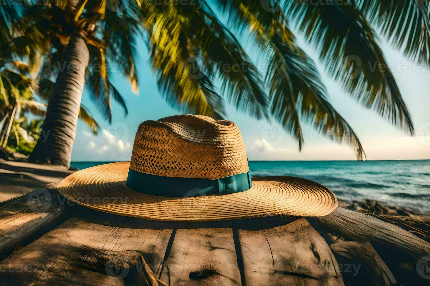 a hat sits on a wooden table near the ocean. AI-Generated photo