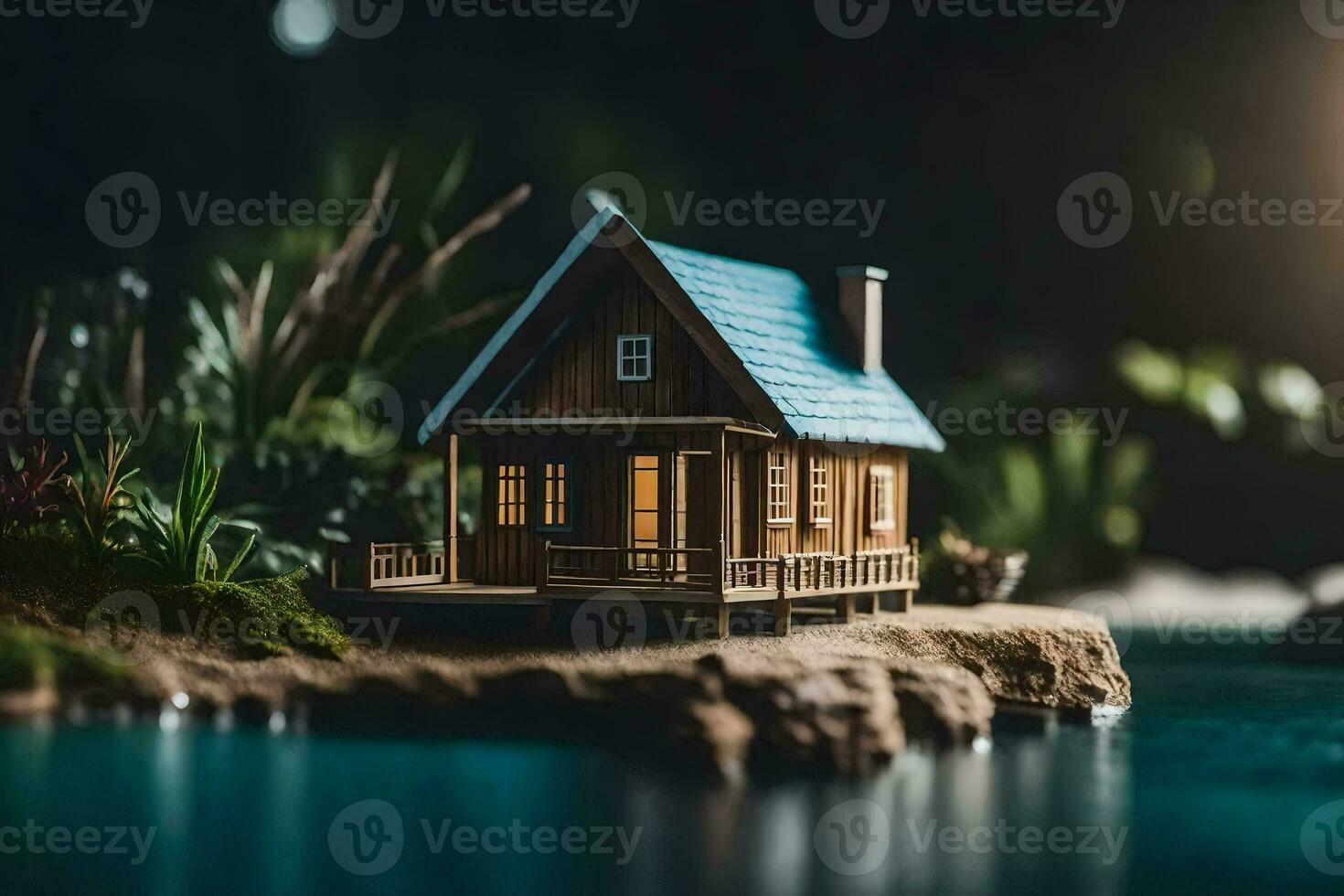 a miniature house on a small island in the water. AI-Generated photo