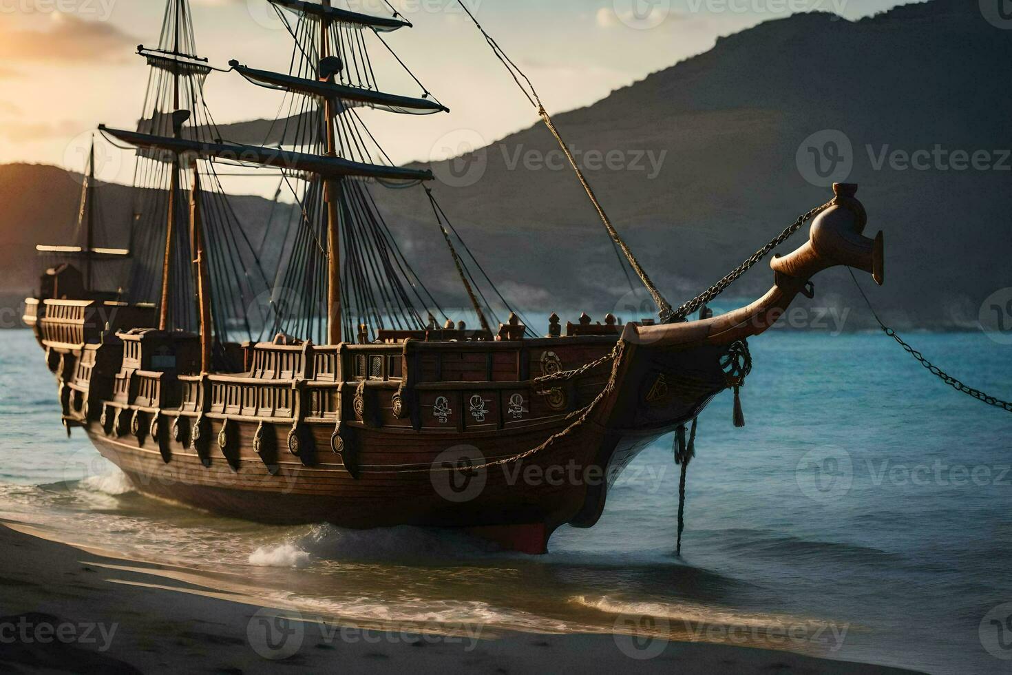 a pirate ship is docked on the beach at sunset. AI-Generated photo