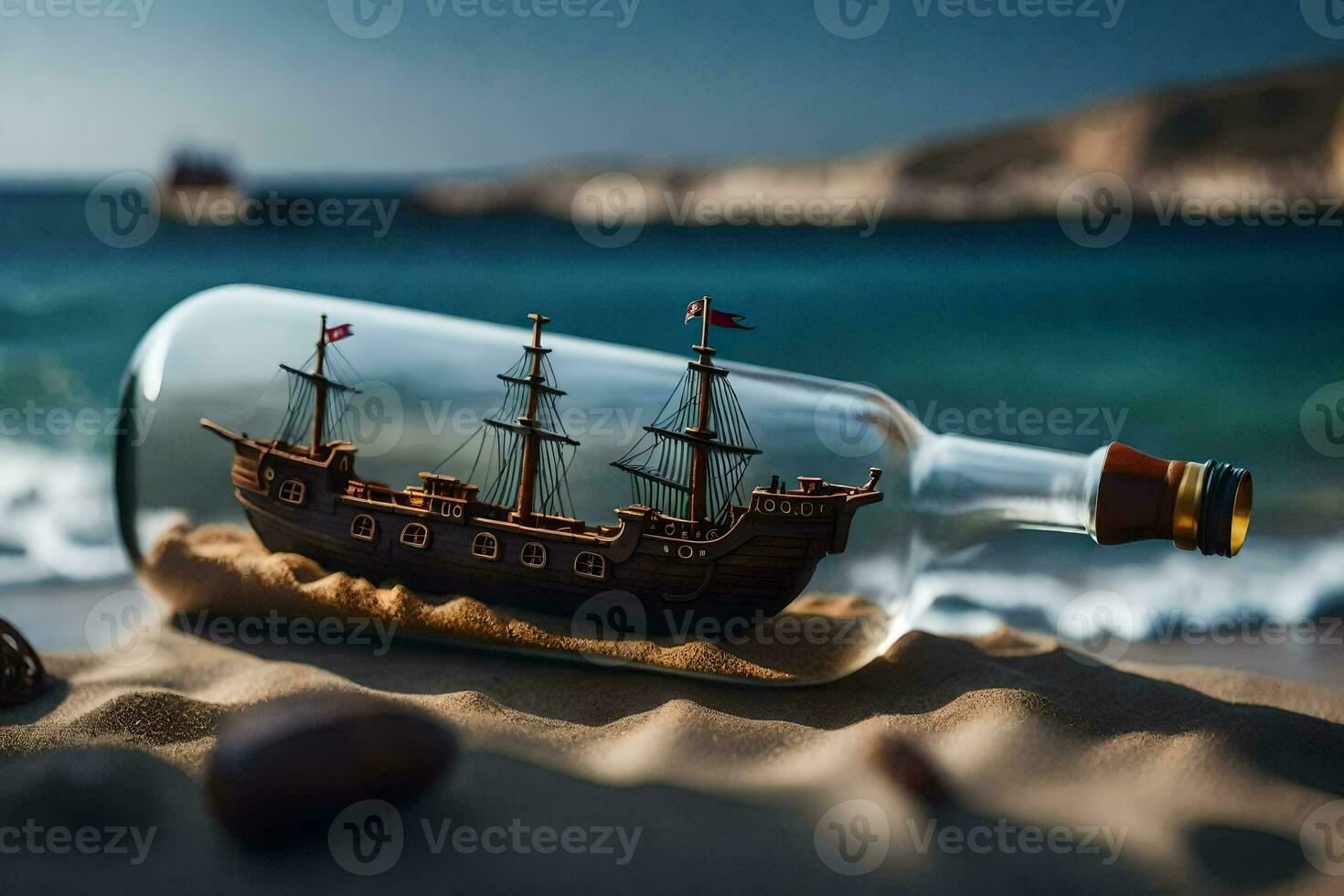 a ship in a bottle on the beach. AI-Generated photo