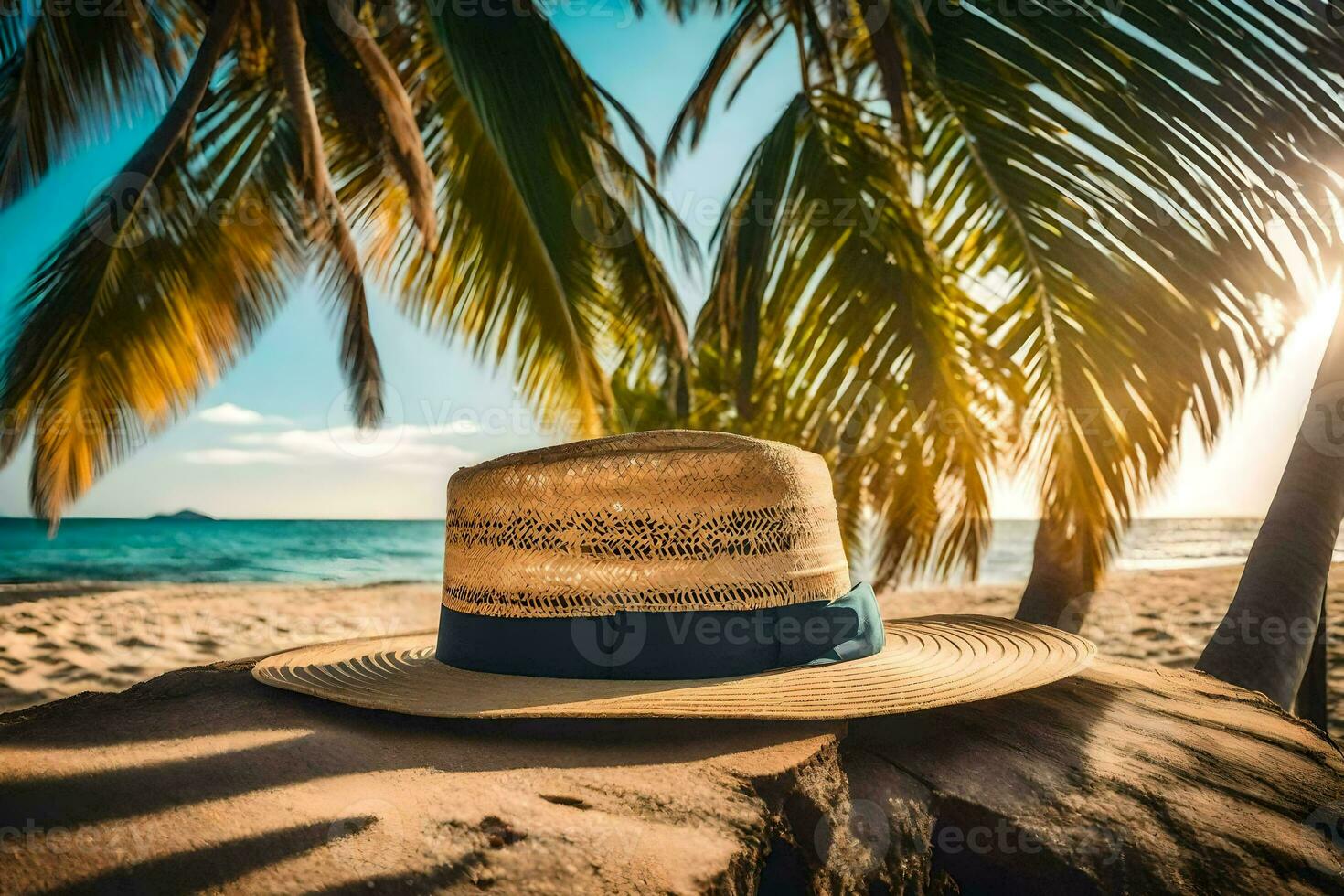 a hat sits on the beach near palm trees. AI-Generated photo