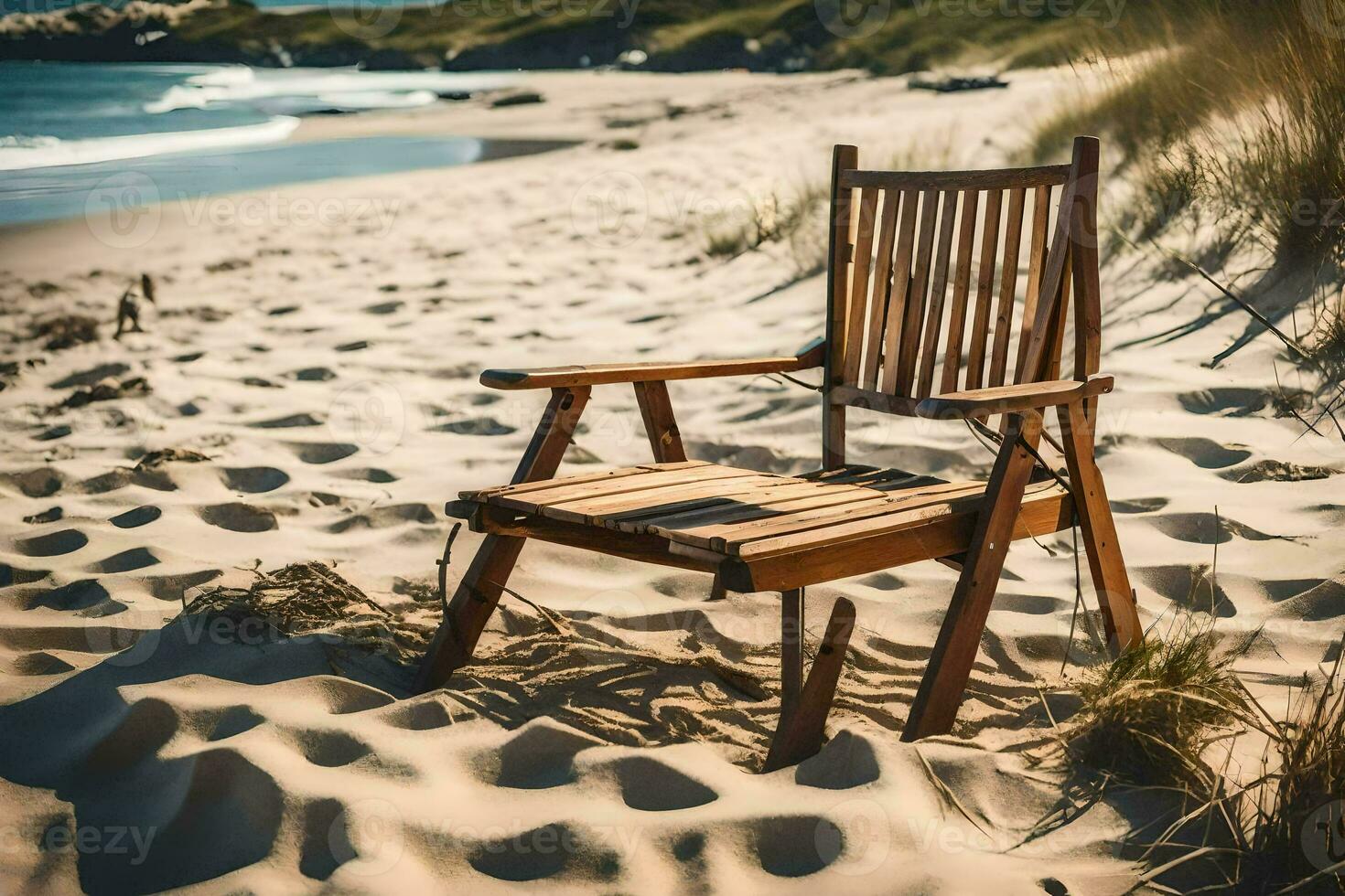 a wooden chair sits on the beach near the ocean. AI-Generated photo