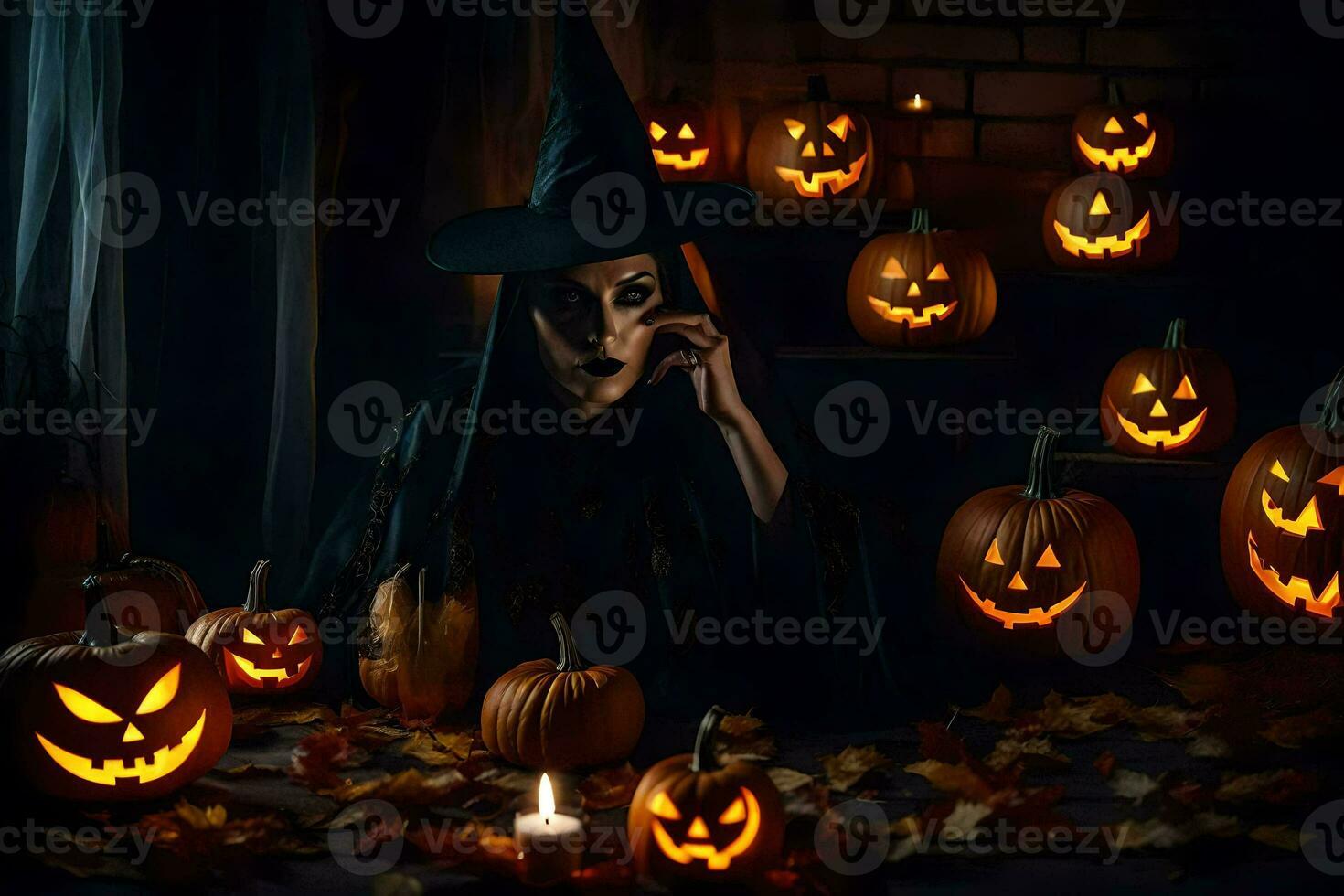 a witch sitting in front of pumpkins and candles. AI-Generated photo