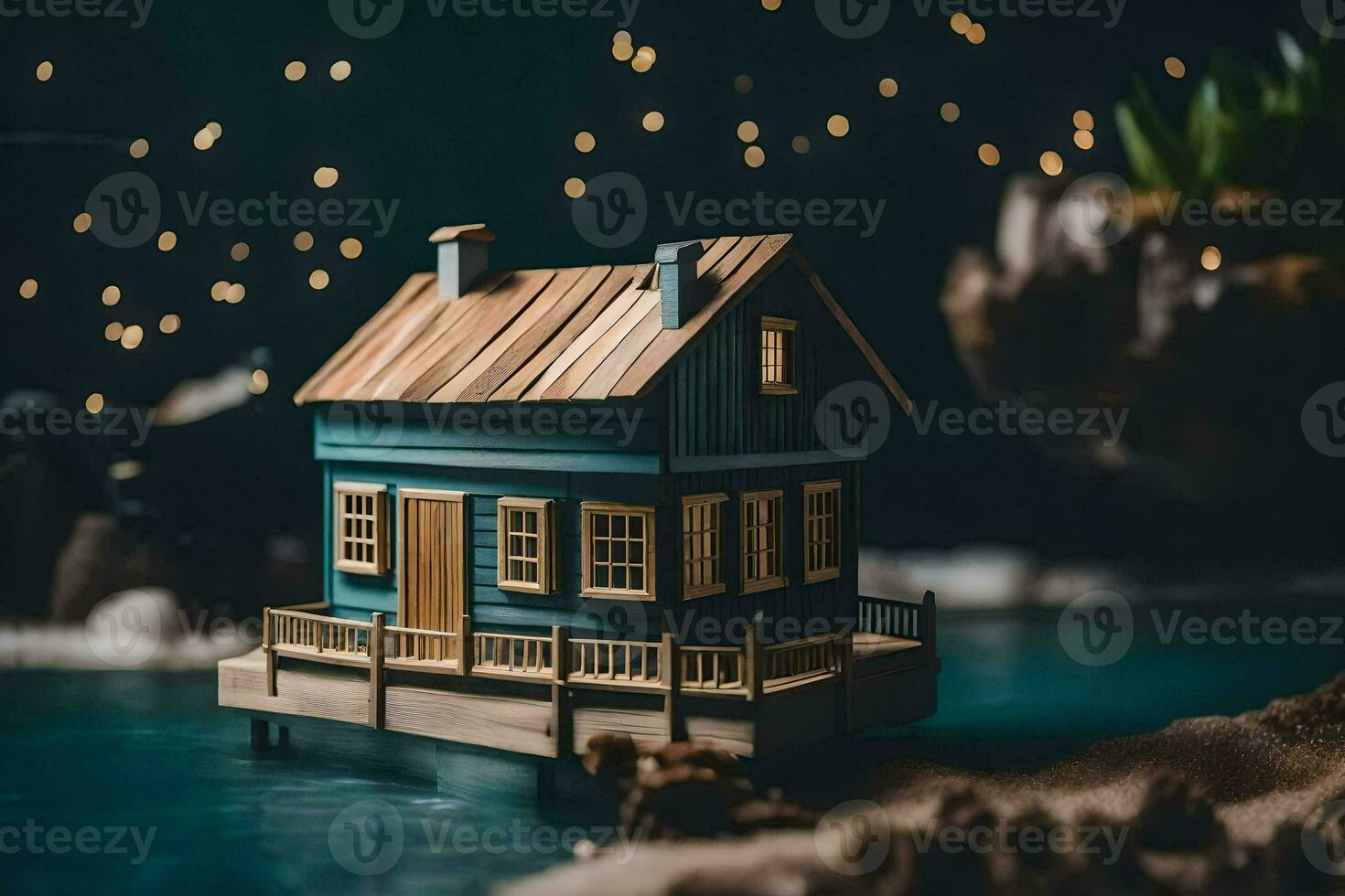 un miniatura casa en un muelle en el agua. generado por ai foto