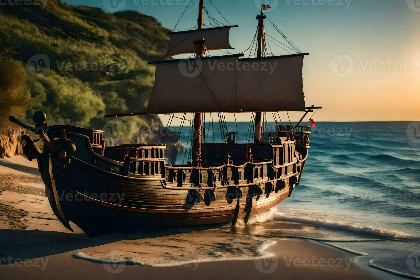 a pirate ship on the beach at sunset. AI-Generated photo