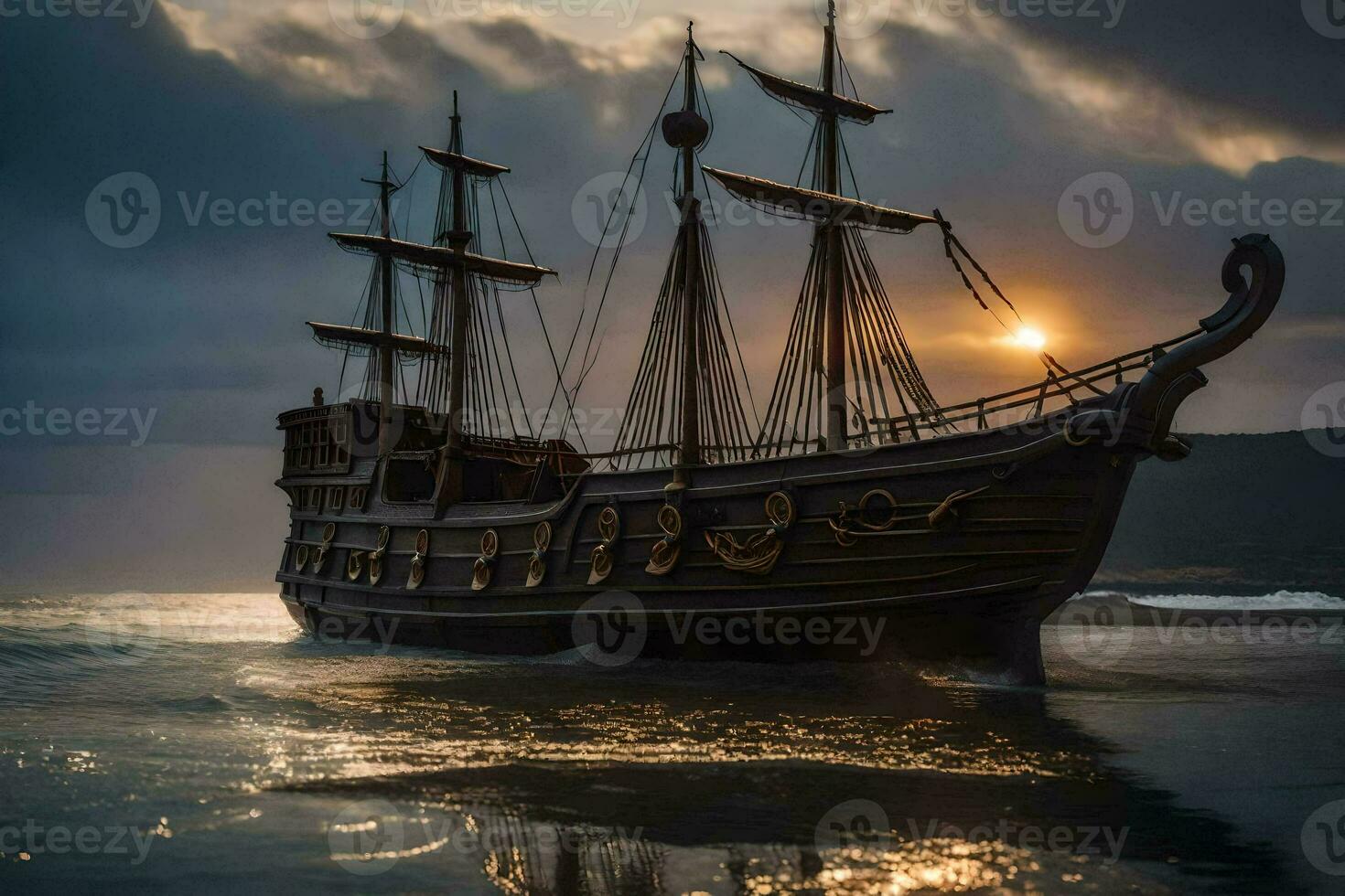 a pirate ship is sailing on the ocean at sunset. AI-Generated photo