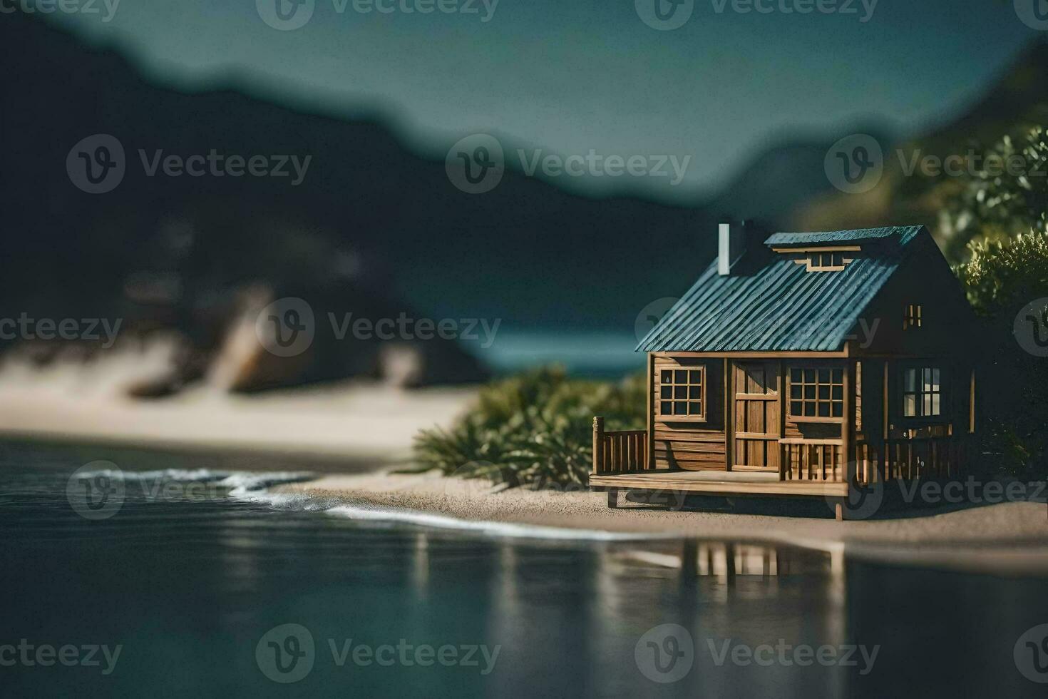 a miniature house on the beach by the water. AI-Generated photo