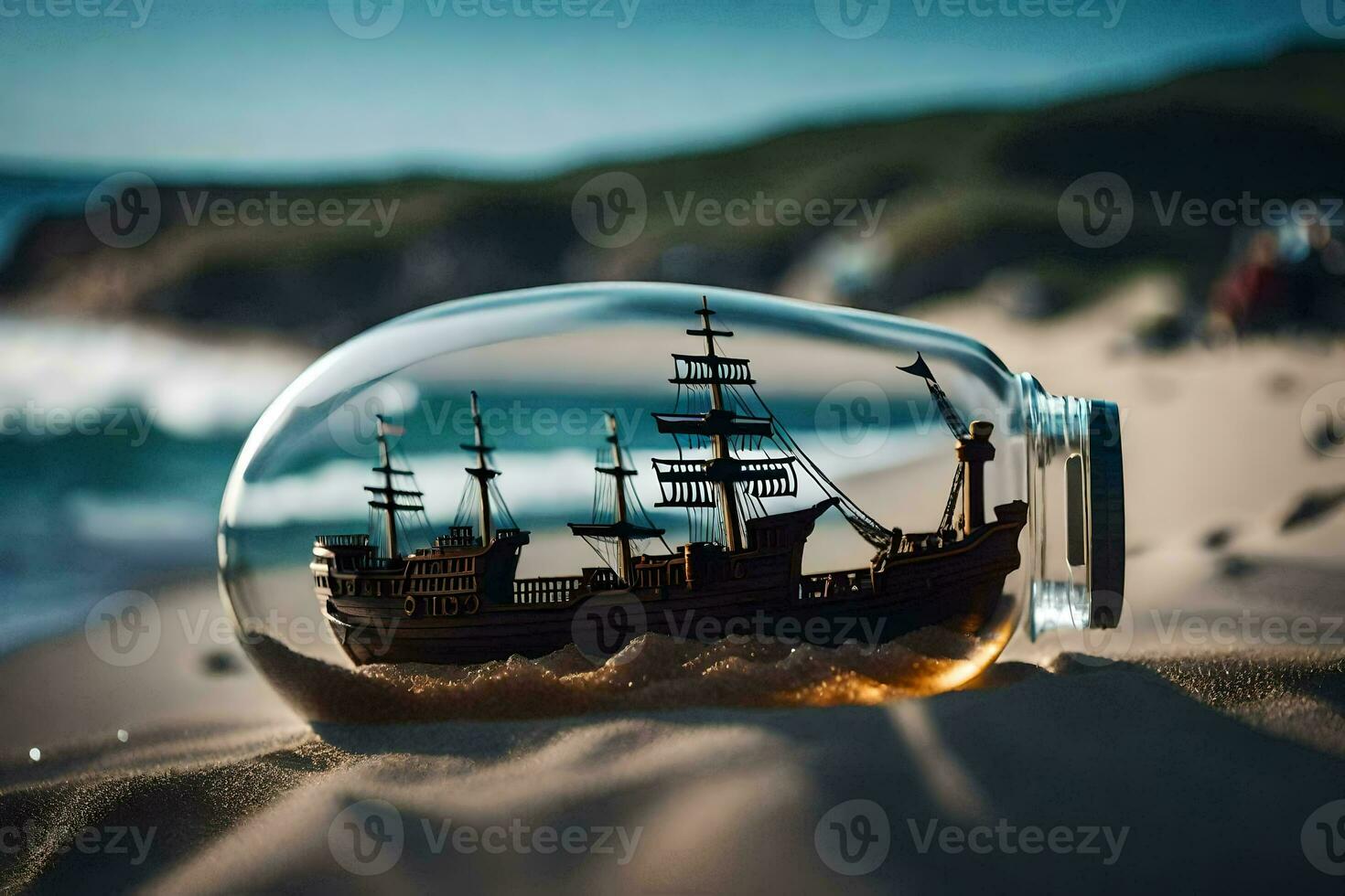 a ship in a bottle on the beach. AI-Generated photo
