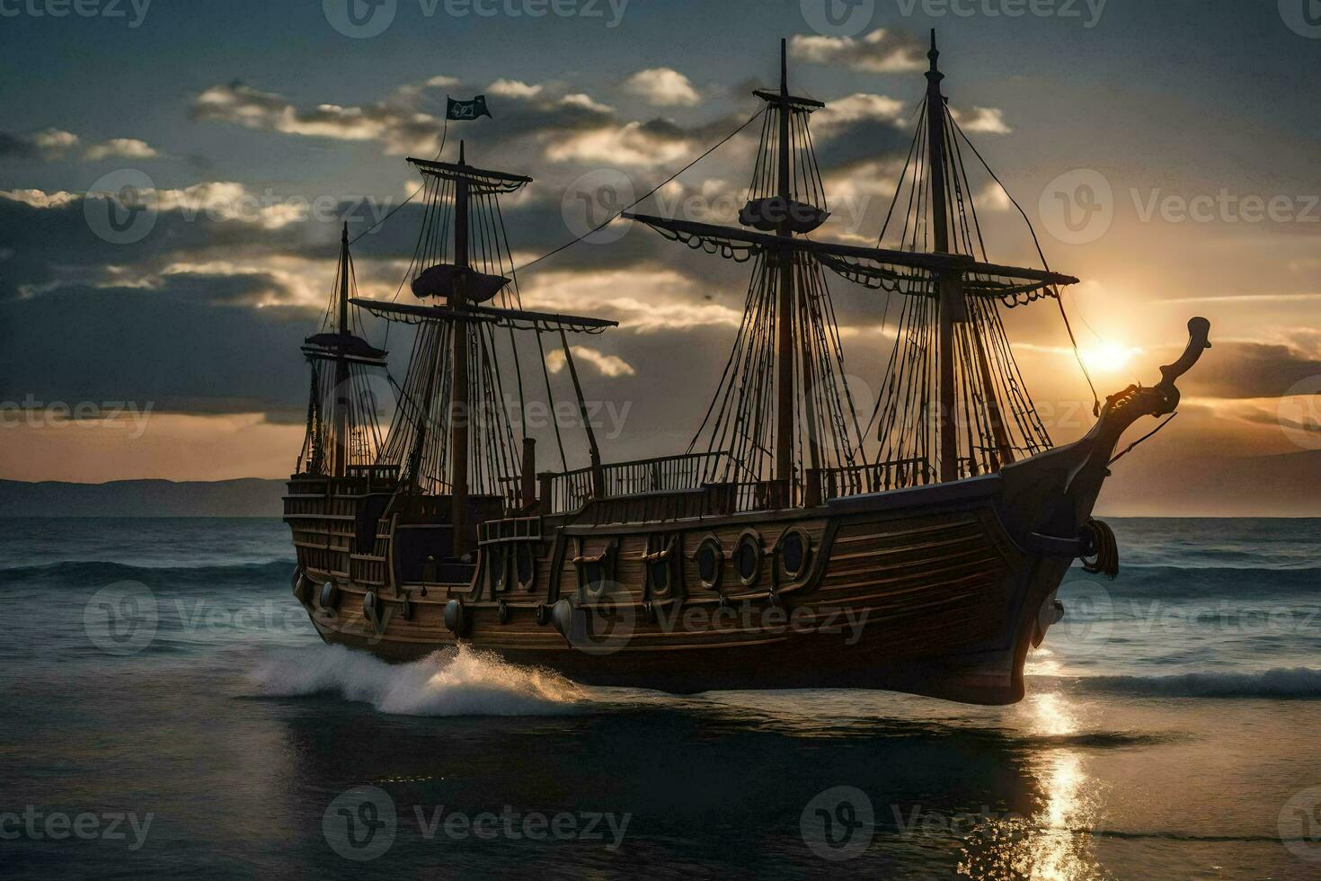 un pirata Embarcacion es navegación en el Oceano a puesta de sol. generado por ai foto