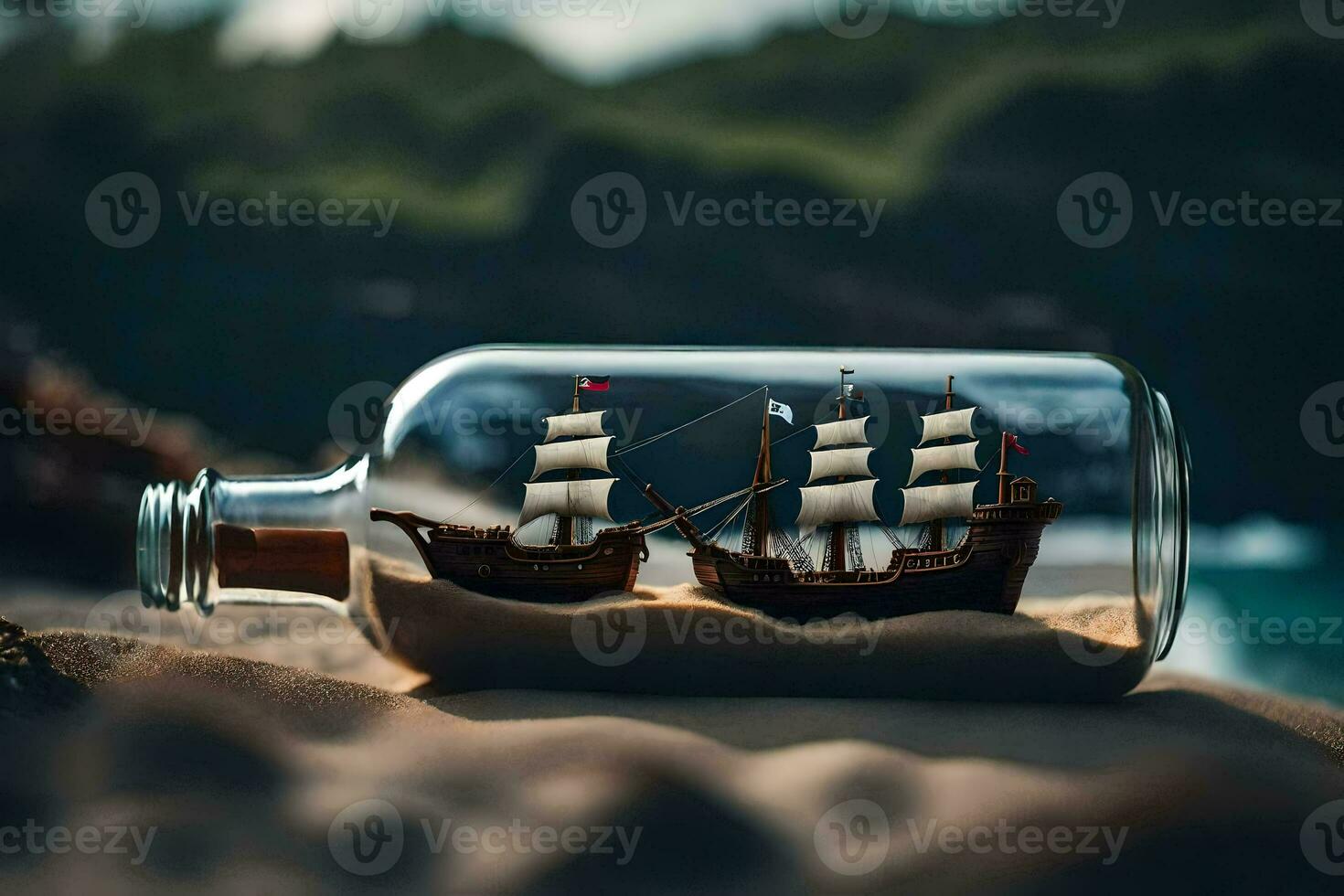 ship in a bottle on the beach. AI-Generated photo
