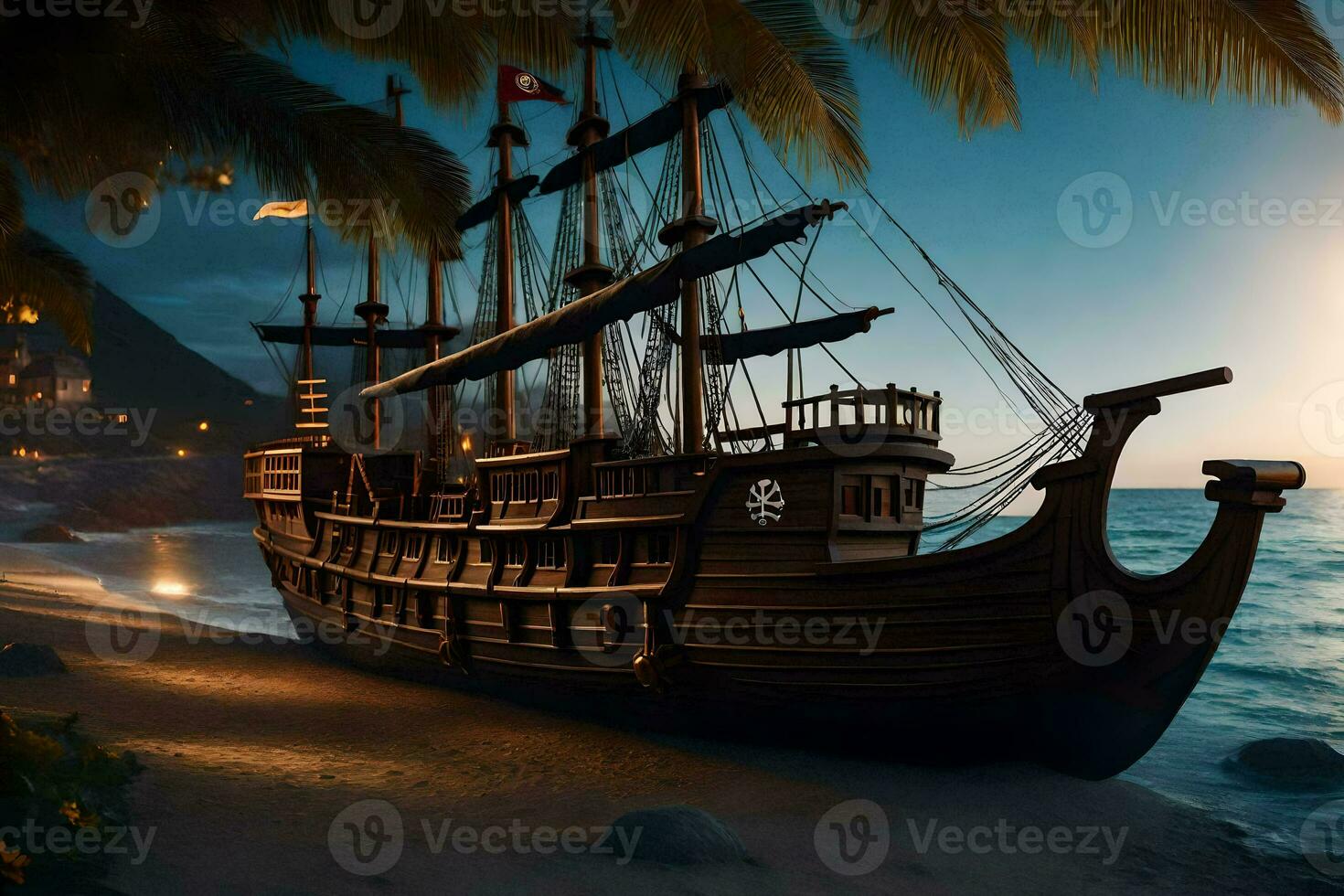 a pirate ship on the beach at sunset. AI-Generated photo