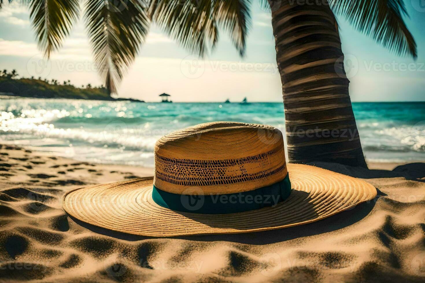 a straw hat on the beach. AI-Generated photo