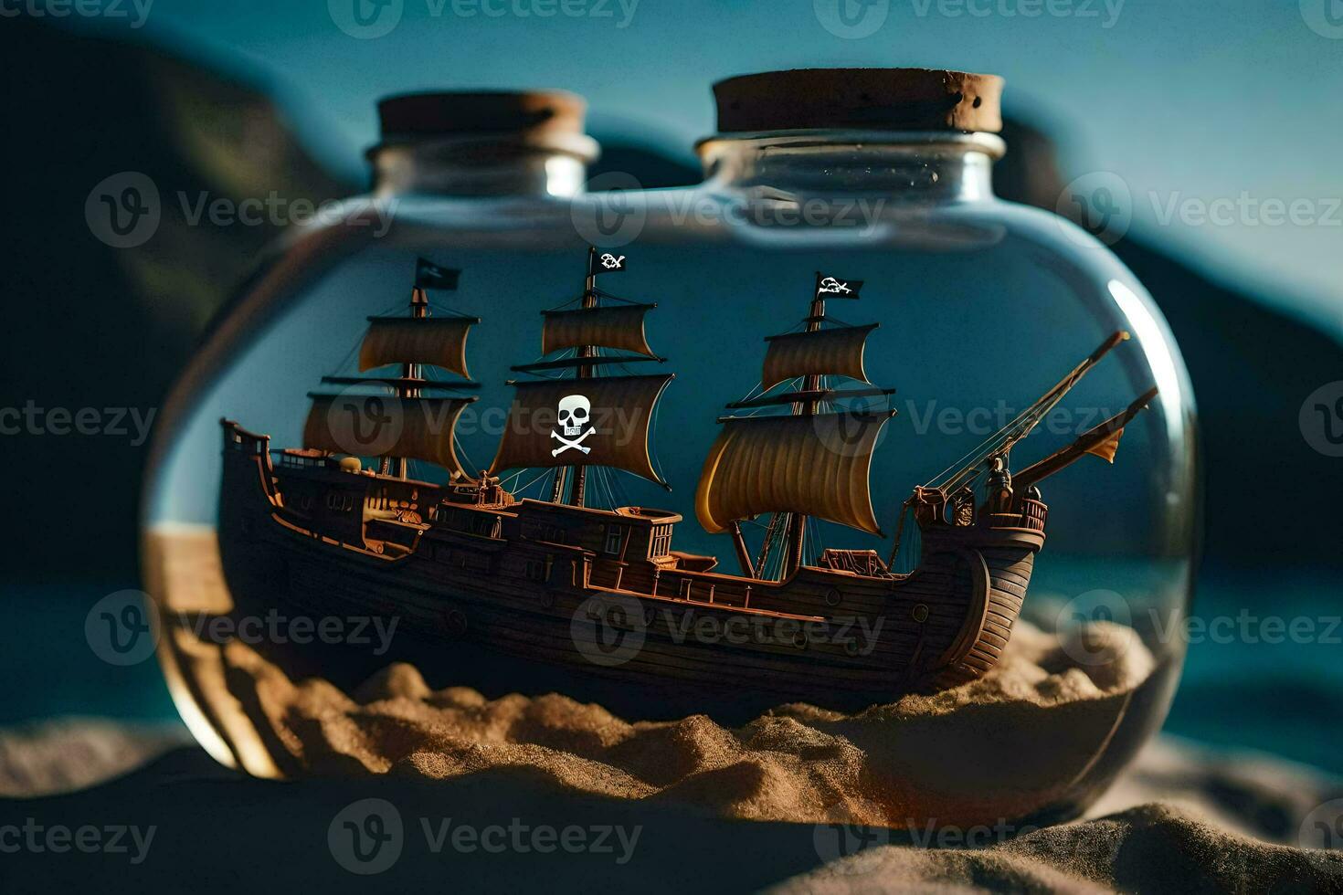 a ship in a bottle with a skull and crossbones on it. AI-Generated photo