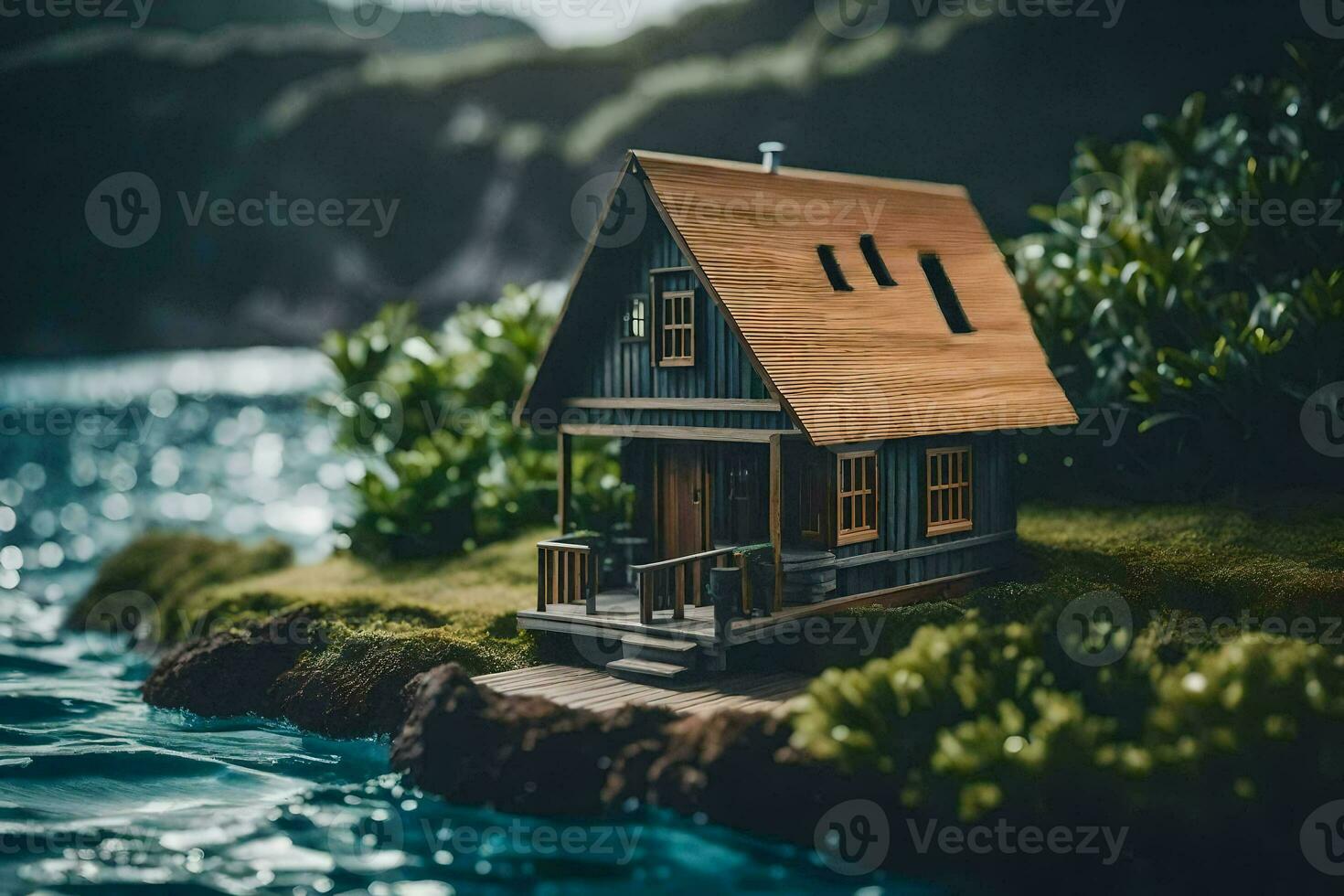 un miniatura casa en un pequeño isla por el océano. generado por ai foto